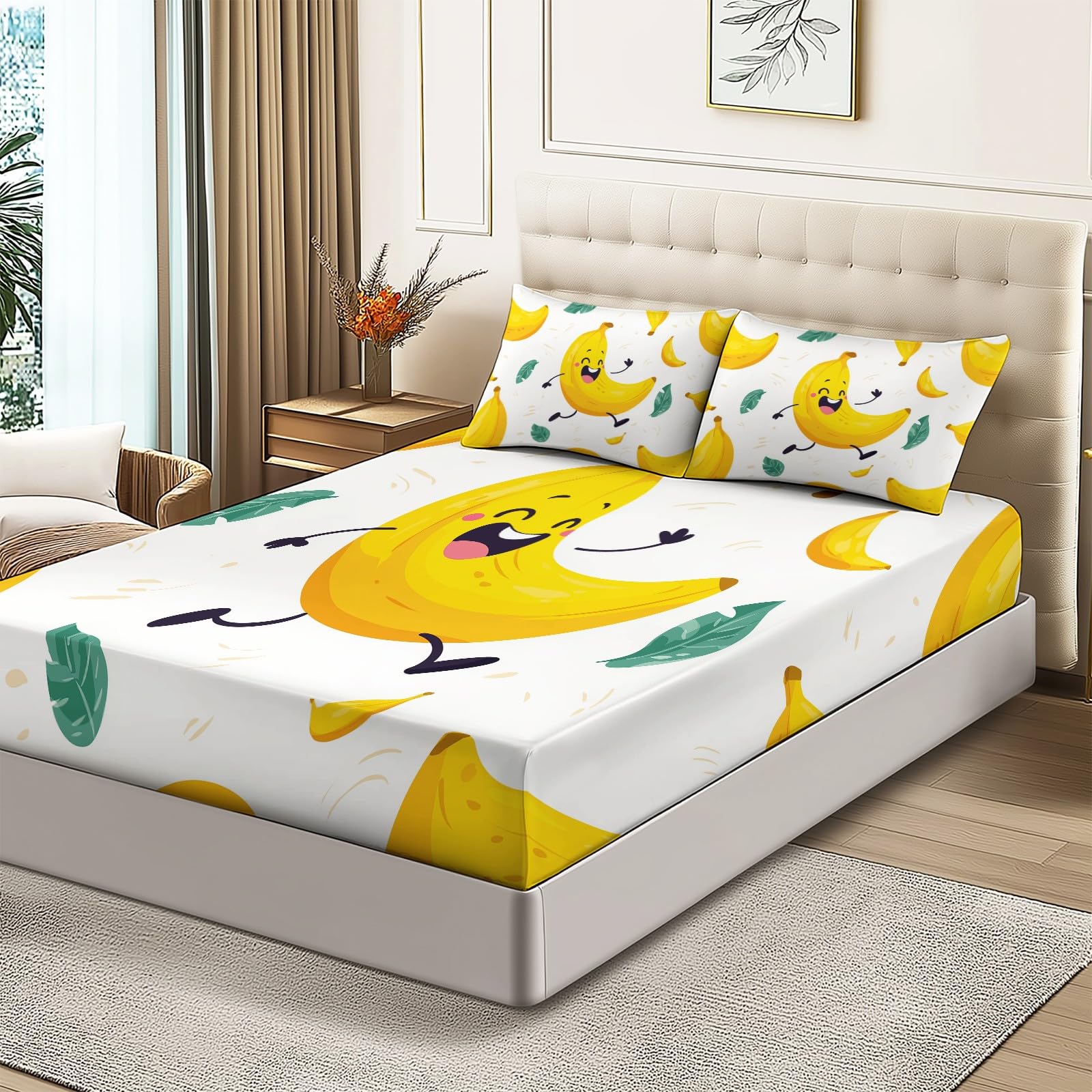 Biały zestaw pościeli z mikrofibry - 140 × 200 cm - śliczne linie bananowe z nadrukiem - miękkie, oddychające, hipoalergiczne - w zestawie 1 prześcieradło + 2 poszewki na poduszki - łatwe do prania