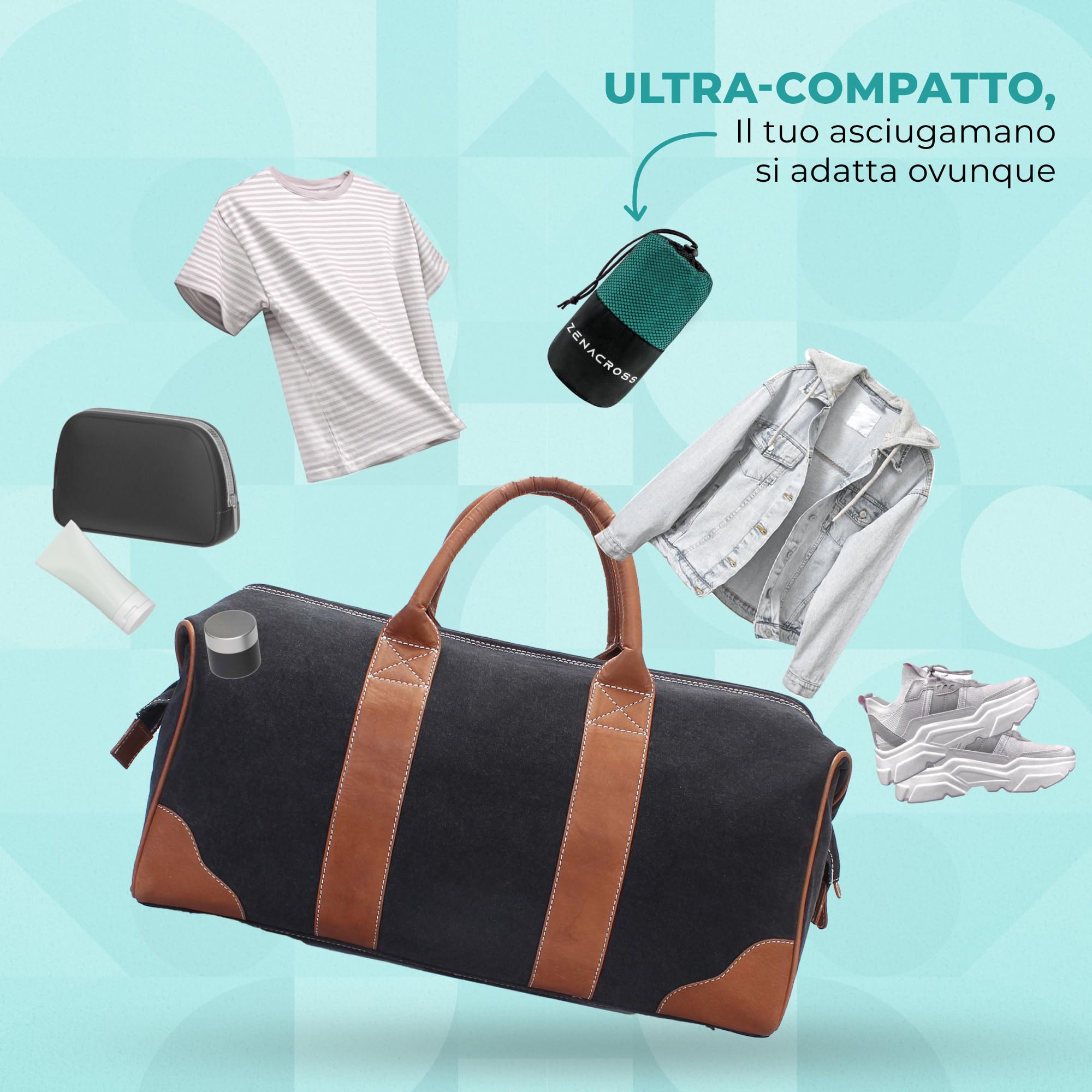 Zenacross Asciugamano Palestra con Borsa per il Trasporto - Asciugamano Microfibra a Rapida Asciugatura e Versatile - Telo Palestra Taglie L - 160 x 80 cm - Verde Petrolio