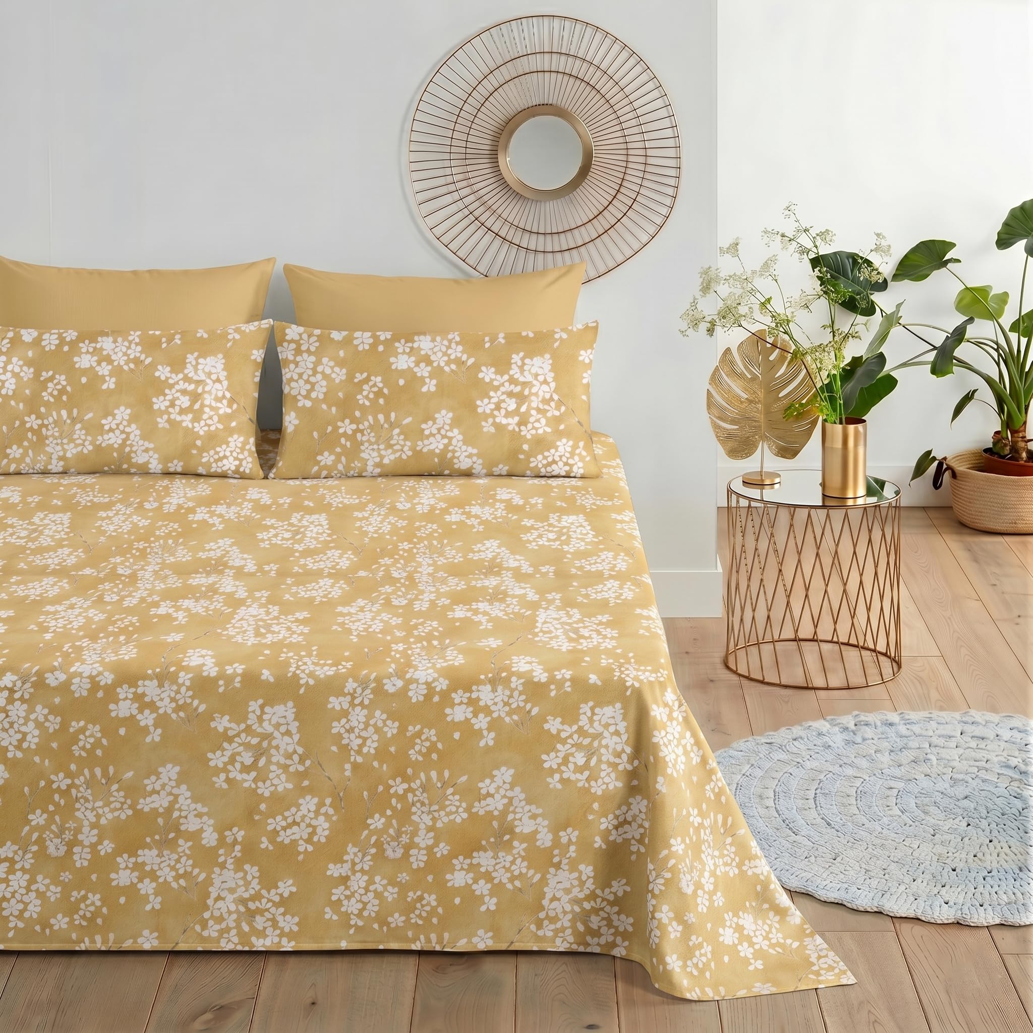 Completo Lenzuola Matrimoniale 6 Pezzi, Giallo, con 4 Federe, Floreale, 100% Cotone