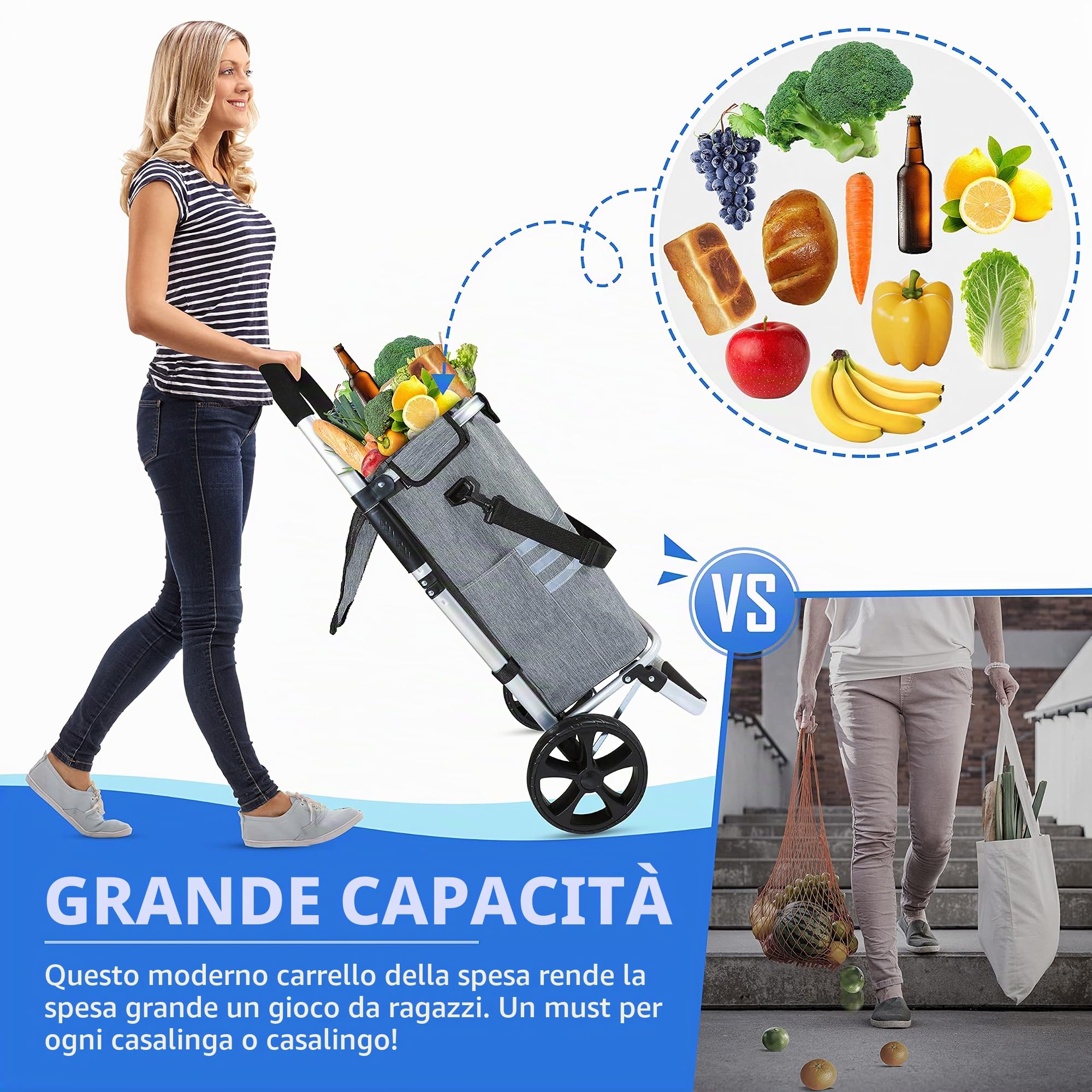 Ribelli Trolley per la spesa, telaio in alluminio, pieghevole, tasche laterali, grande tasca con cerniera e borsa per il ghiaccio, utilizzabile come borsa per il trasporto, fino a 45 kg