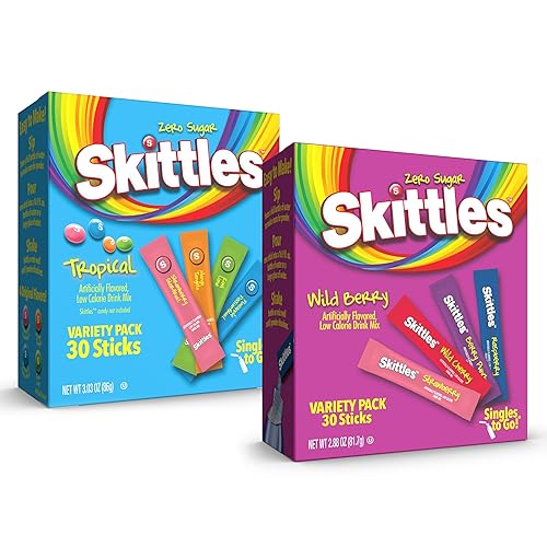 Skittles Singles To Go Tropical and Wild Berry Variety Pack, Watertok Powdered Drink Mix, Includes 8 Flavors, 2 Box (60 Single Servings)