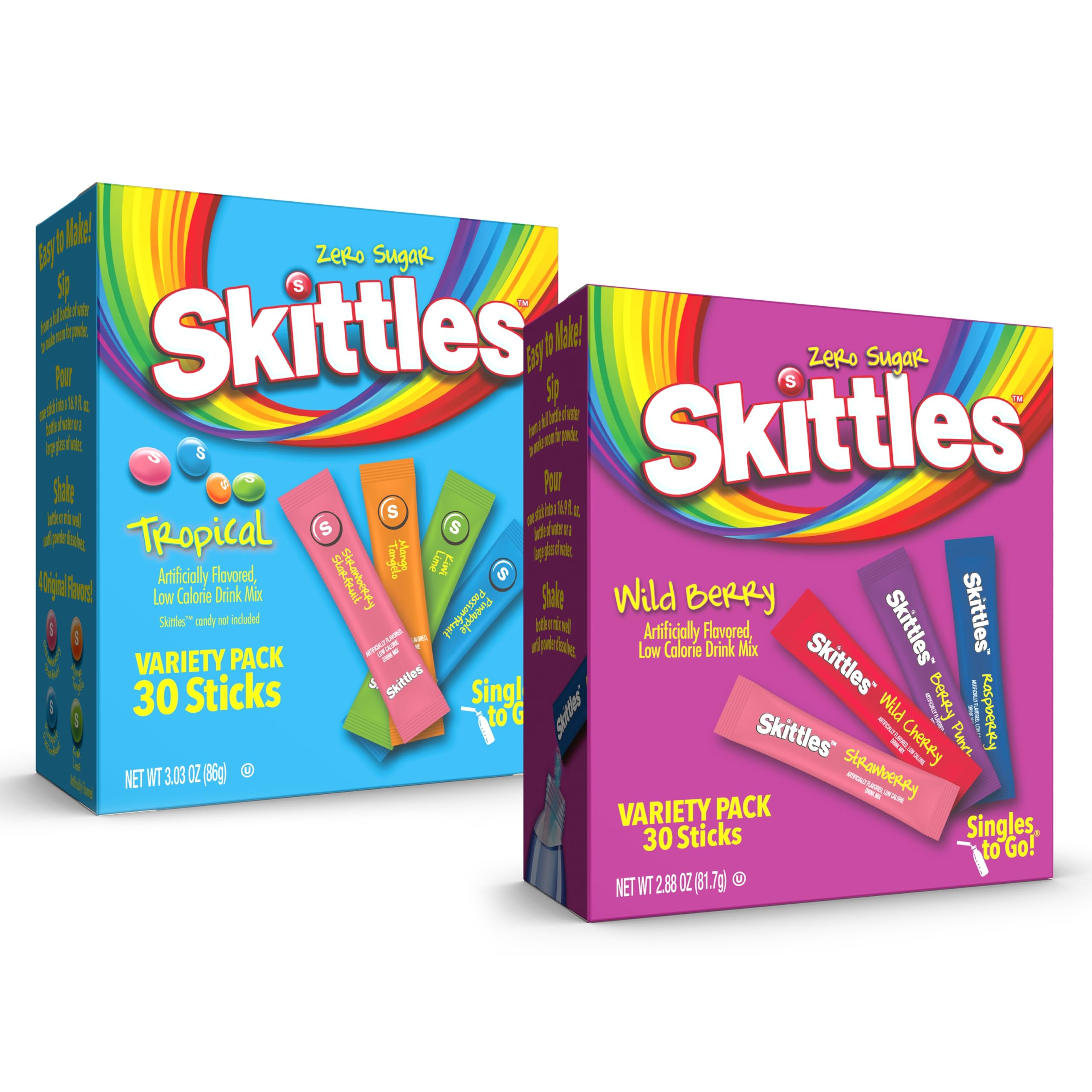 Skittles Singles To Go Tropical and Wild Berry Variety Pack, Watertok Powdered Drink Mix, Includes 8 Flavors, 2 Box (60 Single Servings)