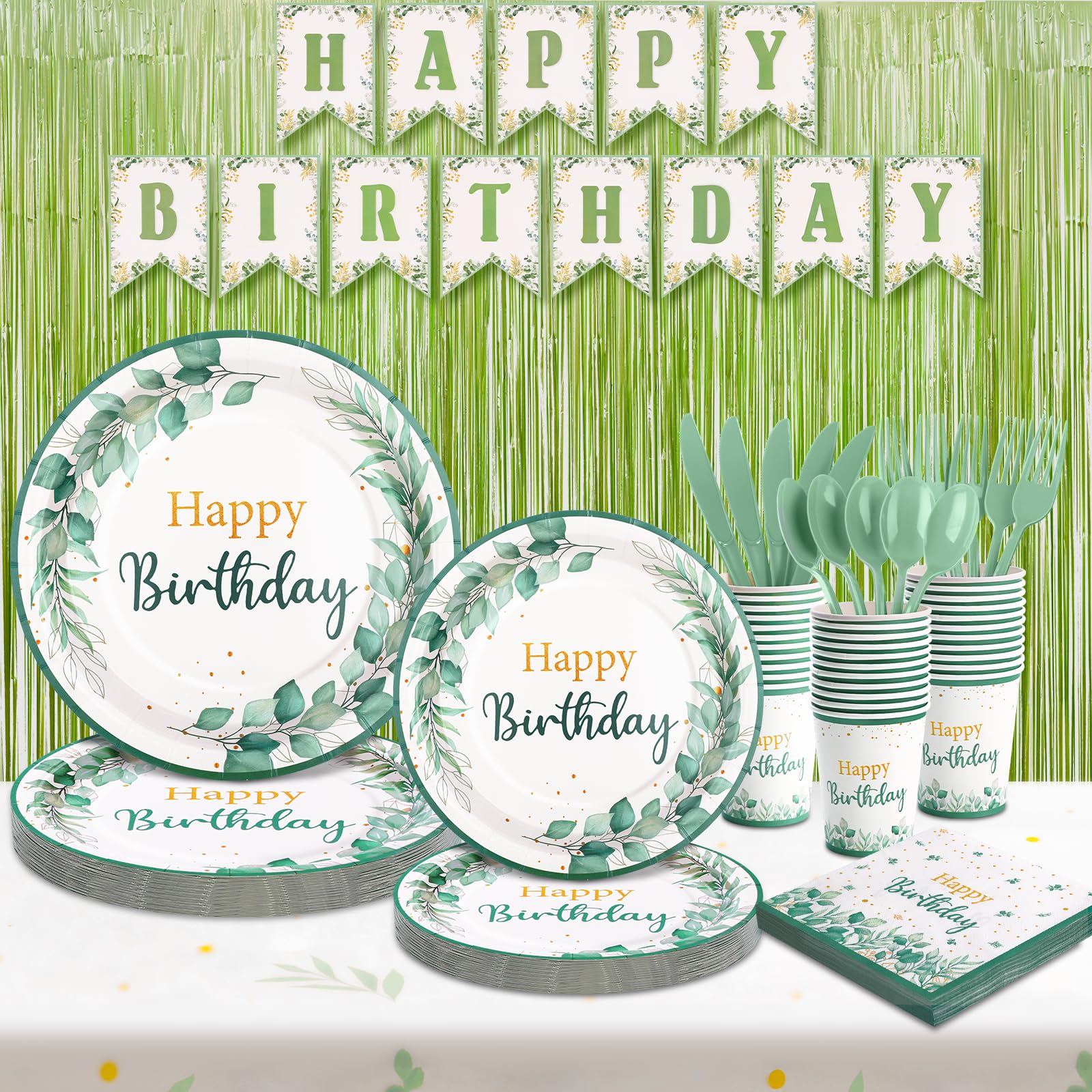 Gudvilla Sage Green Birthday Decorations for Women, Sage Green Birthday Plates and Napkins for Women, for Boho Neutral Green and Gold Decorations,