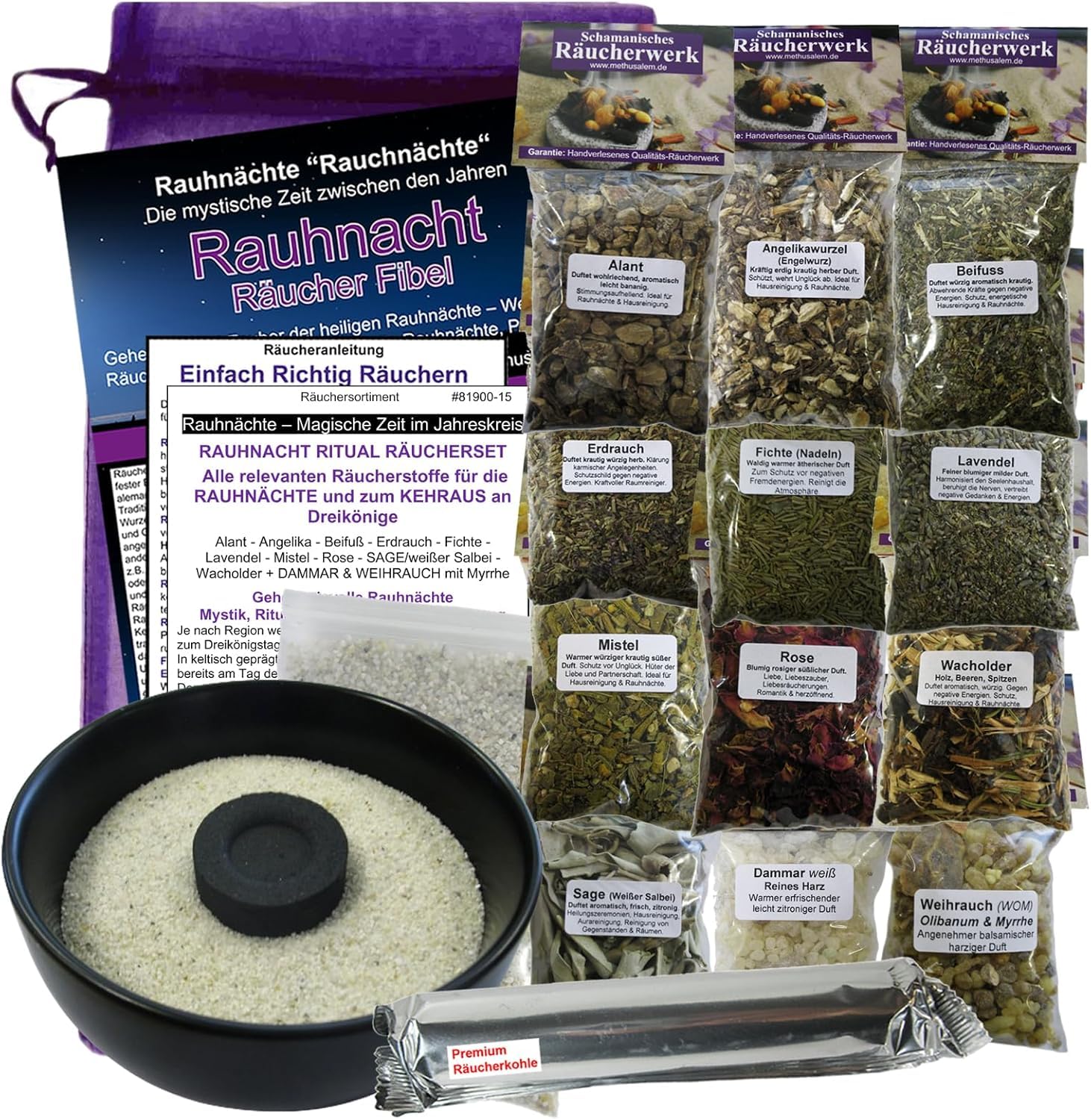 Naturheilmittel Heilsteine Methusalem GmbH Neu-Ulm Rauhnacht-Räucherset 19-TLG Ritualset 12x Räucherwerk + 7x Zubehör mit RÄUCHERSCHALE & Rauhnacht-Fibel. 81900-15S
