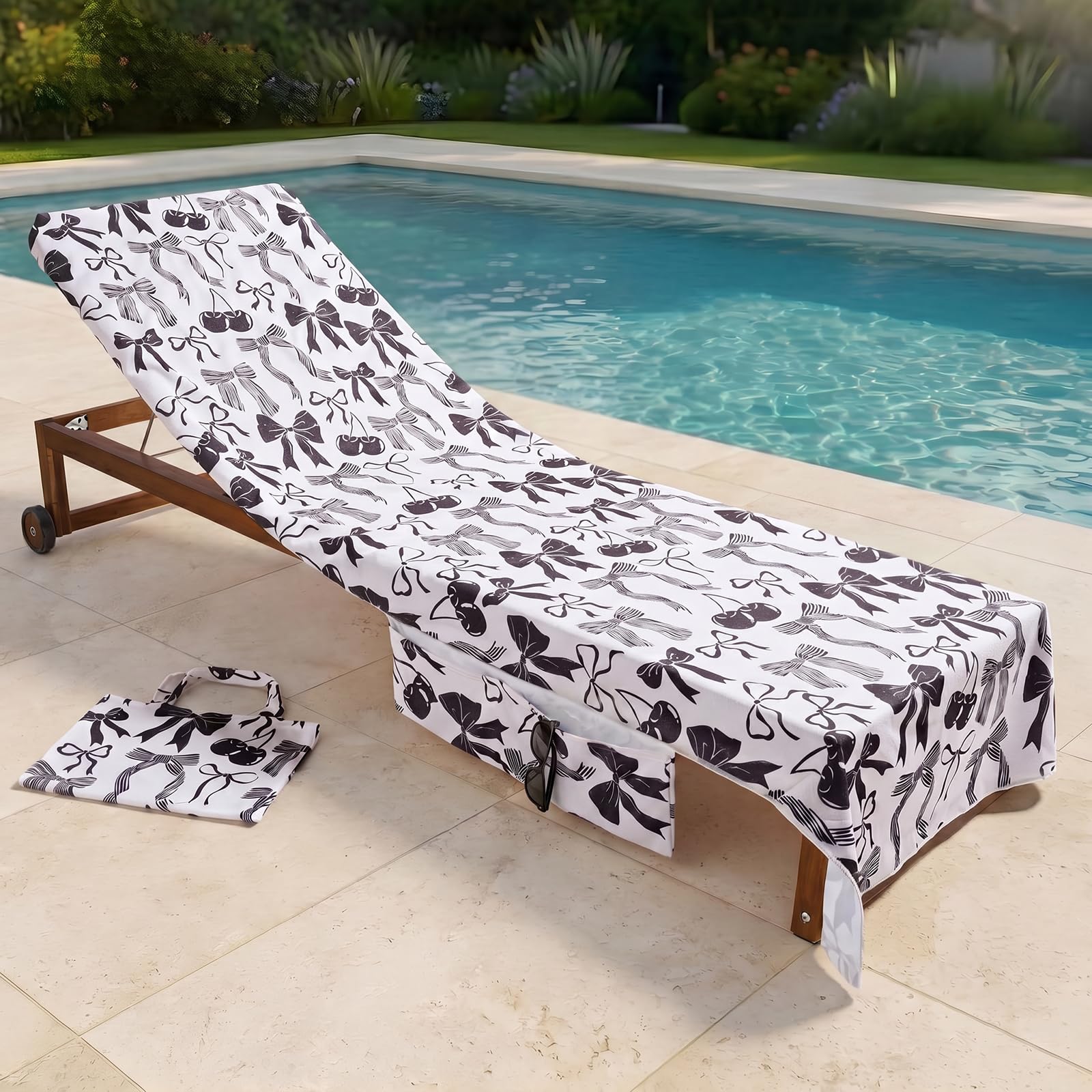 OHS Bow Print Sun Lounger Towels with Pockets, Soft Quick-Dry Absorbent Beach Towels for Adults Sunbed Towel Microfibre Large Beach Towel in a Bag Summer Holiday Essentials, 75 x 215cm - Monochrome
