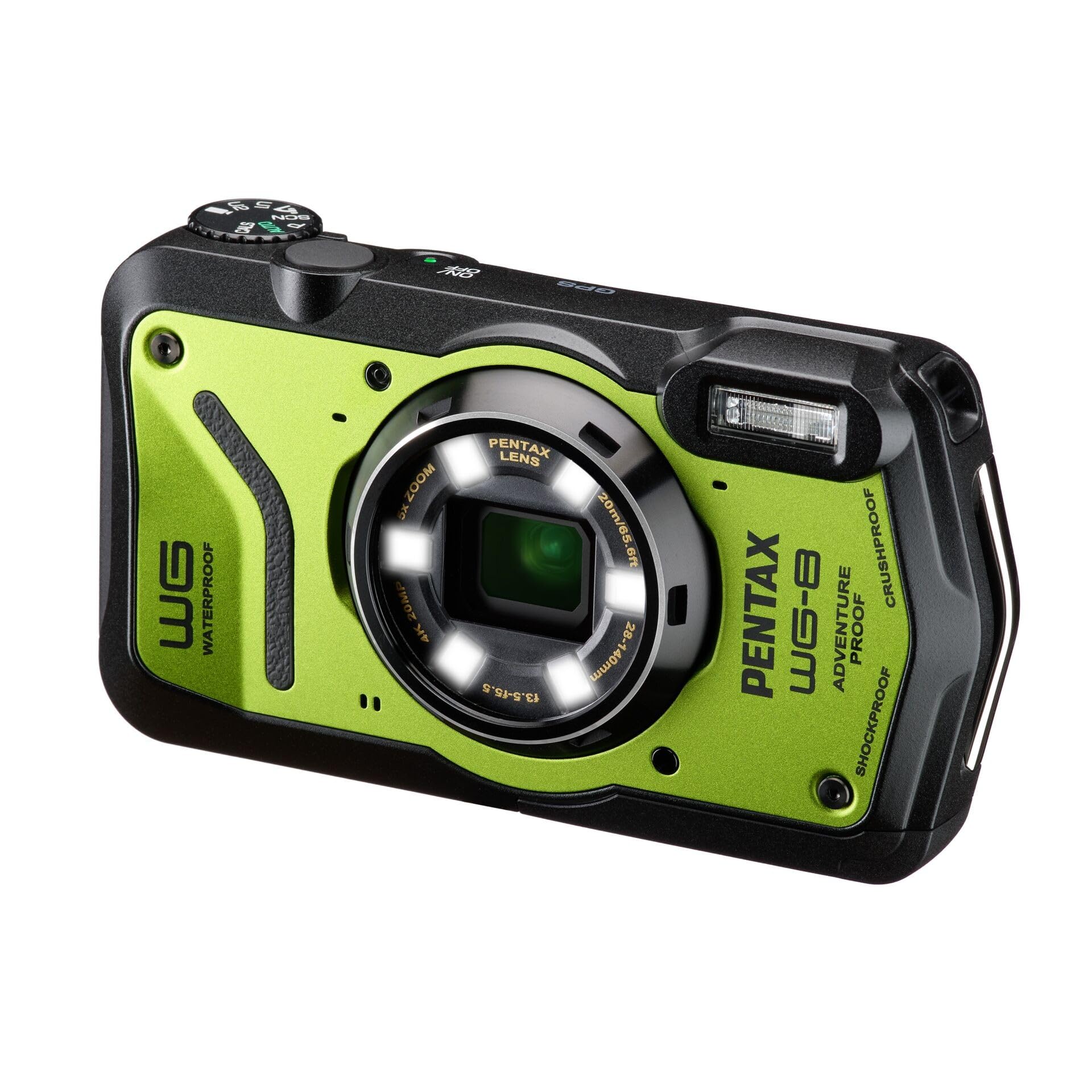 WG-8 Green all-weather adventure camera, featuring outstanding waterproof, dustproof, shock-resistant performance, multi-application ring light for macro photography and webcam function