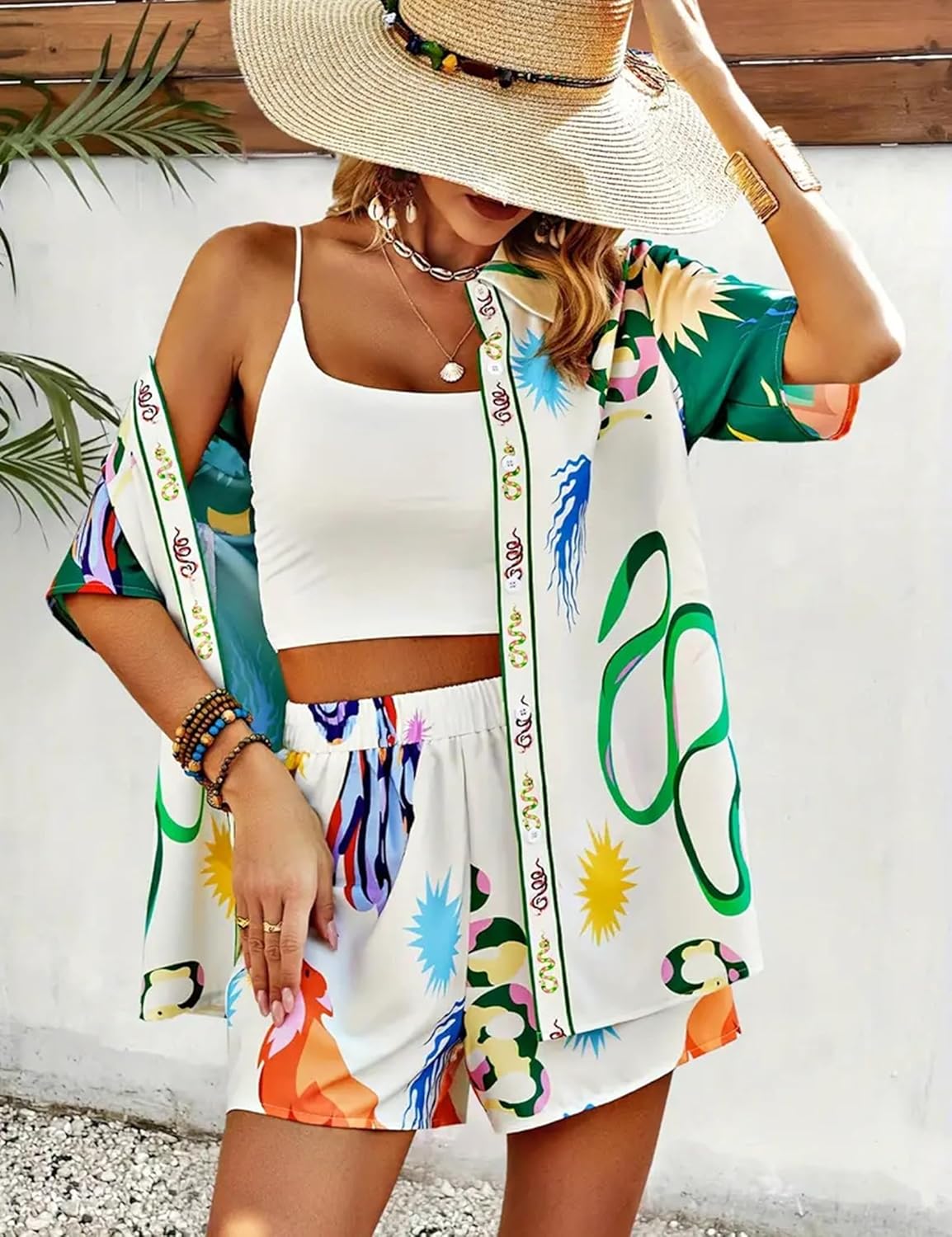 Women Boho Tropical Print Cover Up Shorts Set