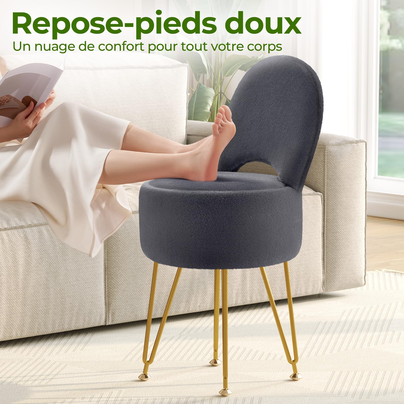 Rolanstar Tabouret de Coiffeuse en Velours avec Rangement Caché – Dossier Pliable Transformable en Repose-Pieds – Pouf de Maquillage Confortable pour Chambre ou Bureau (Gris, Grand)
