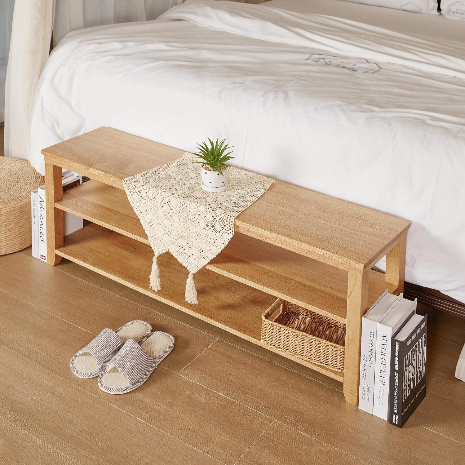 Shoe Rack Bench, 2-Tier Wood Heavy Duty Shoe Organizer Shelf for Entryway, Living Room,Bedroom (Natural, 11.81"x 45.7"x 16.54")