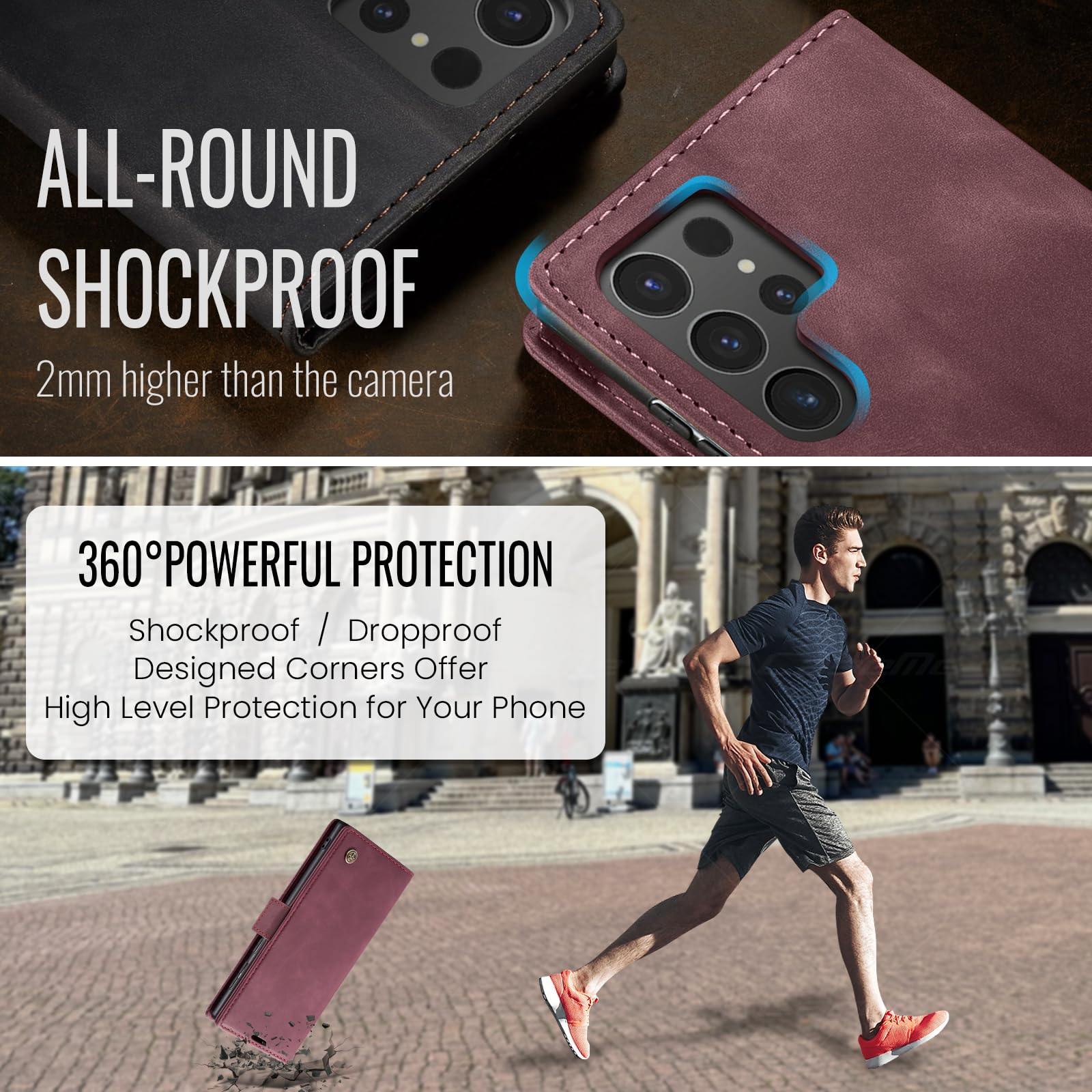 Samokor Cover per Samsung Galaxy S25 Ultra 5G Pelle Flip Custodia Cavalletto Portafoglio Magnetica Carta Fessura Antiurto per Samsung Galaxy S25 Ultra,Vino Rosso