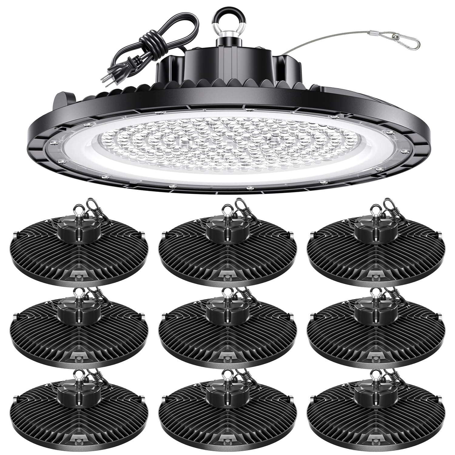 UFO High Bay Light 200W 5000K 30000LM 150LM/W (Eqv.800W Mh/Hps/Hid) Including Safe Rope and Plug 5ft Cable Shop Lights for Garage led Super Bright, Easy Install High Bay Lights 10Pack