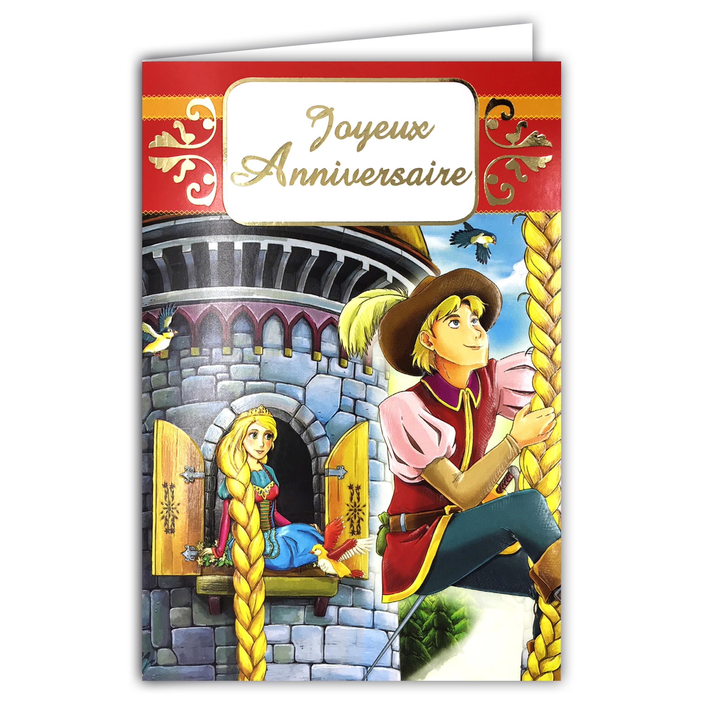 Happy Birthday Card for Children Princess Prince Manga Envelope 12 x 17.5 cm Prisoner Tower Castle Long Blonde Hair Illustration Youth Cartoon Fairy Tale Rapunzel 67-1053-B