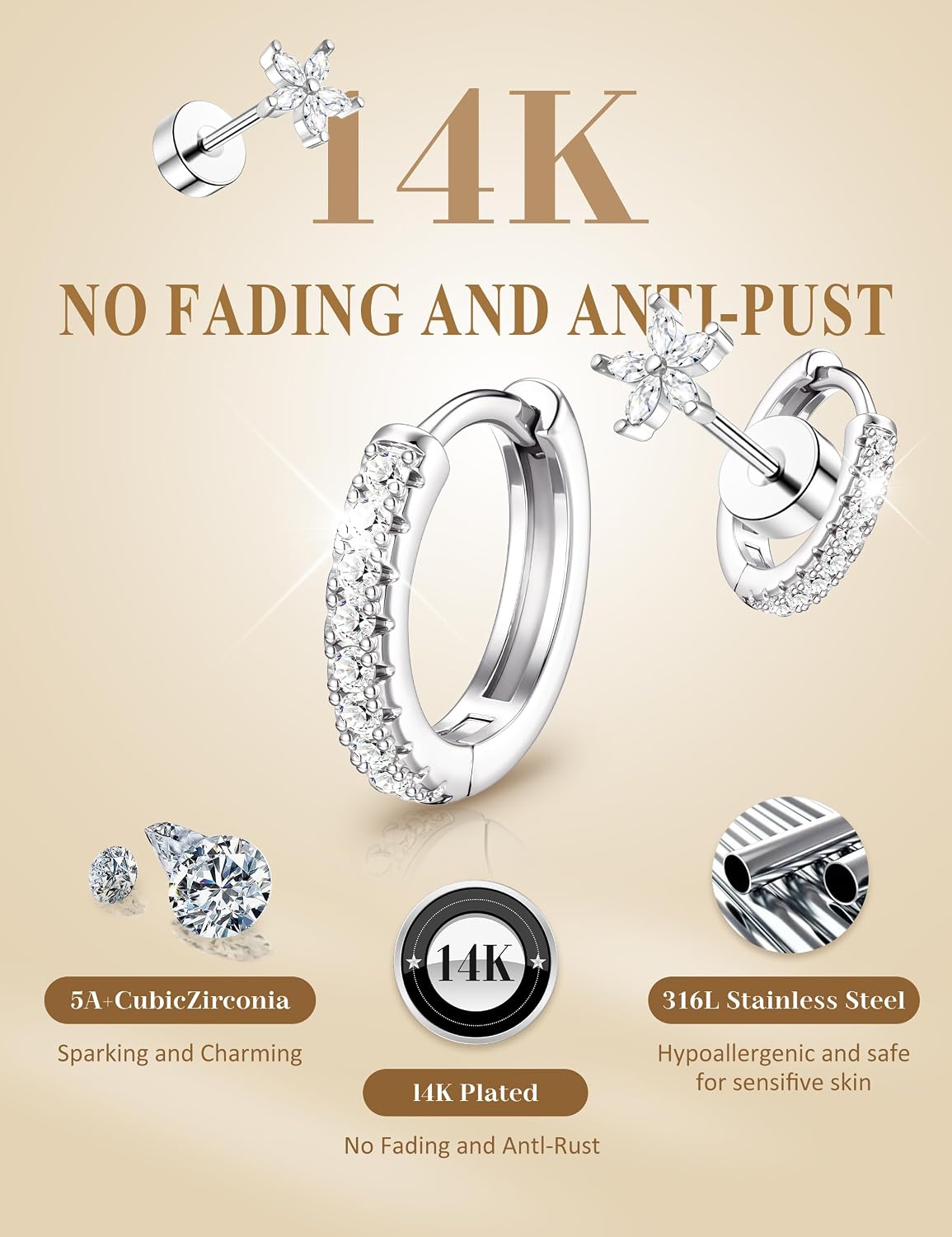 Hypoallergenic Gold Stud Earrings for Women - 14k Gold Plated Surgical Stainless Steel Flat back Earrings Set Small Huggie Hoop Flatback Earring for Sensitive Ears Screw Back Cartilage Piercing Jewelry