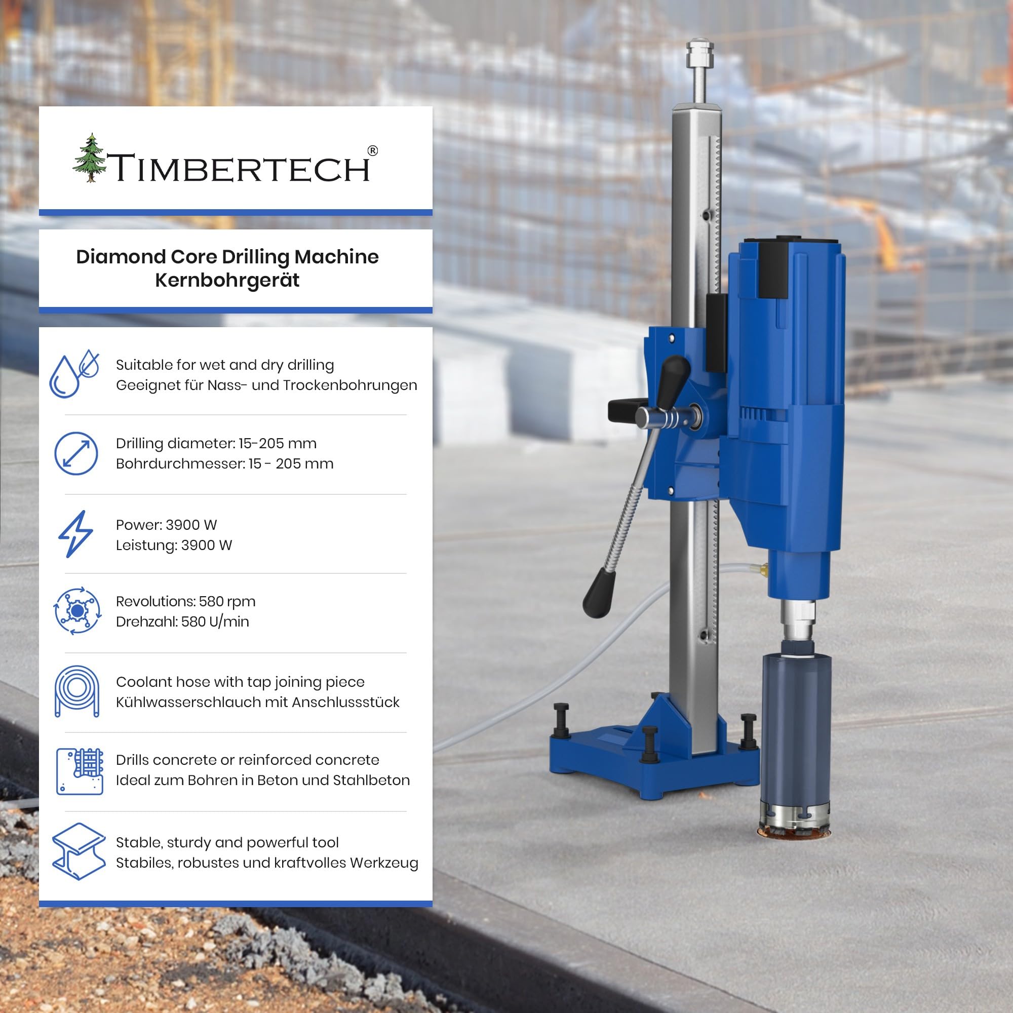 TIMBERTECH® Kernbohrgerät - mit Ständer, Ø Bohrung: ca. 15-205 mm, 3900 W, 580 U/min geeignet für Diamantbohrkronen - Kernbohrer, Kernbohrmaschine, Bohrmaschine für Nass und Trocken