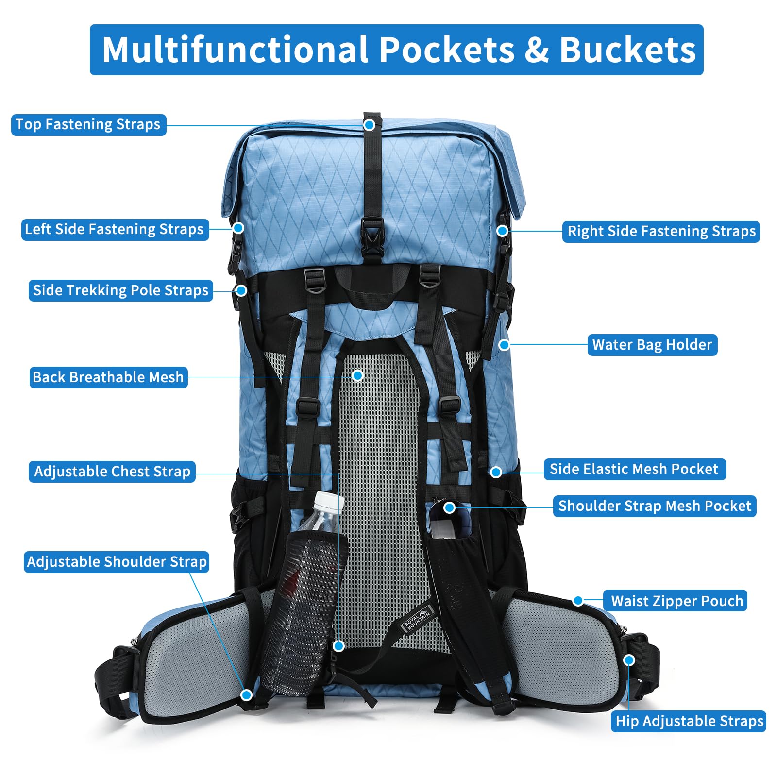 Mochila de senderismo, 40 L a 50 L, bolsa de senderismo de gran capacidad, mochila de camping con marco interno, mochila deportiva ligera de viaje para escalada de montaña y campamento (azul), Azul