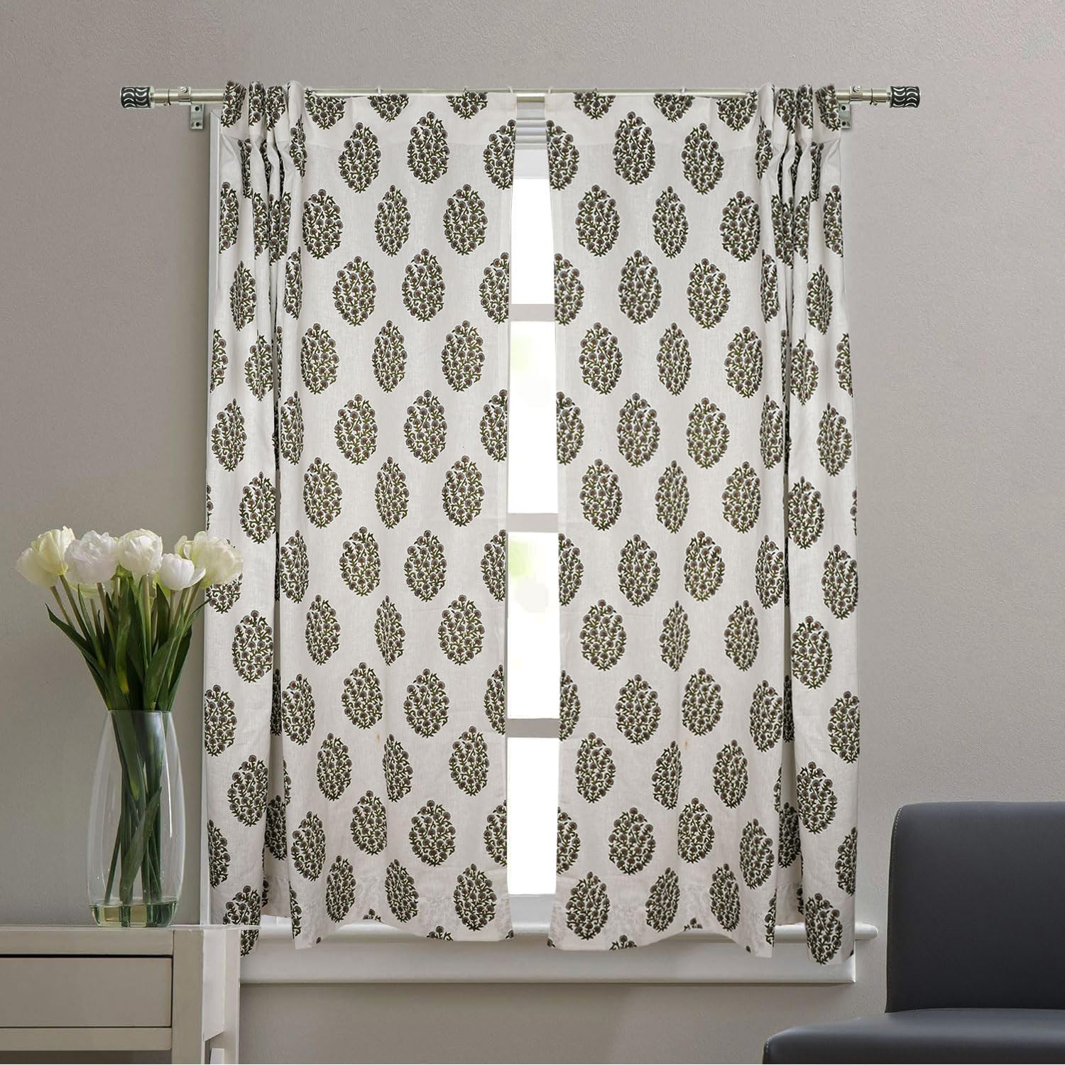 Fabritual Viscose Colored Linen Drape Handmade Block Print Shower Ring, Hook Curtain for Bedroom, Kitchen, 2-Panel Set, Perfect for Home Decor 54