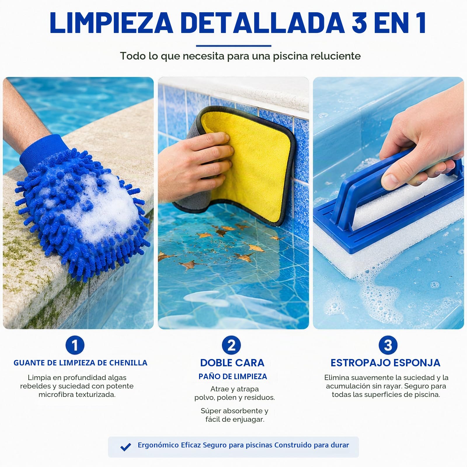 Cepillo Piscina con Mango Telescópico 180cm, Cepillo de Limpieza Piscina 45 cm, Escoba Piscina con 5 Tubos de Aluminio, Kit Limpieza con Esponja, Paño y Guante para Fondo, Paredes y Escaleras