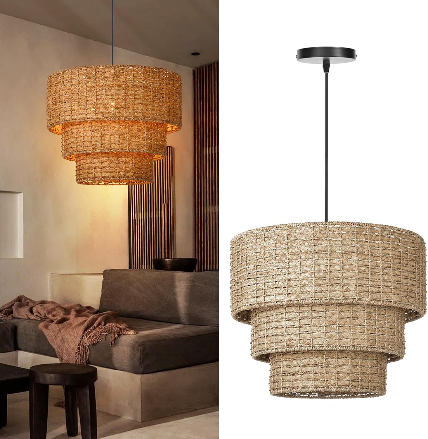 arturesthome rattan pendant light fixture rattan chandelier 3-light natural handwoven ceiling hanging light,bohemian pendant lighting for foyer hallway bar dia 19.6?* 15.7? 50cm*40cm