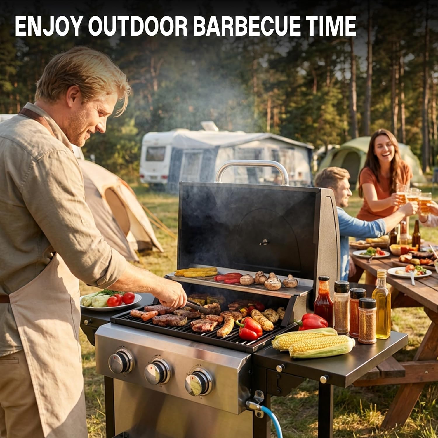 Propane Grill with Folding Side Tables, 3-Burner Gas Grill with Full-Size Grease Tray and Removable Grease Cup, 30,000 BTU BBQ Grill with Wheels for Outdoor Cooking