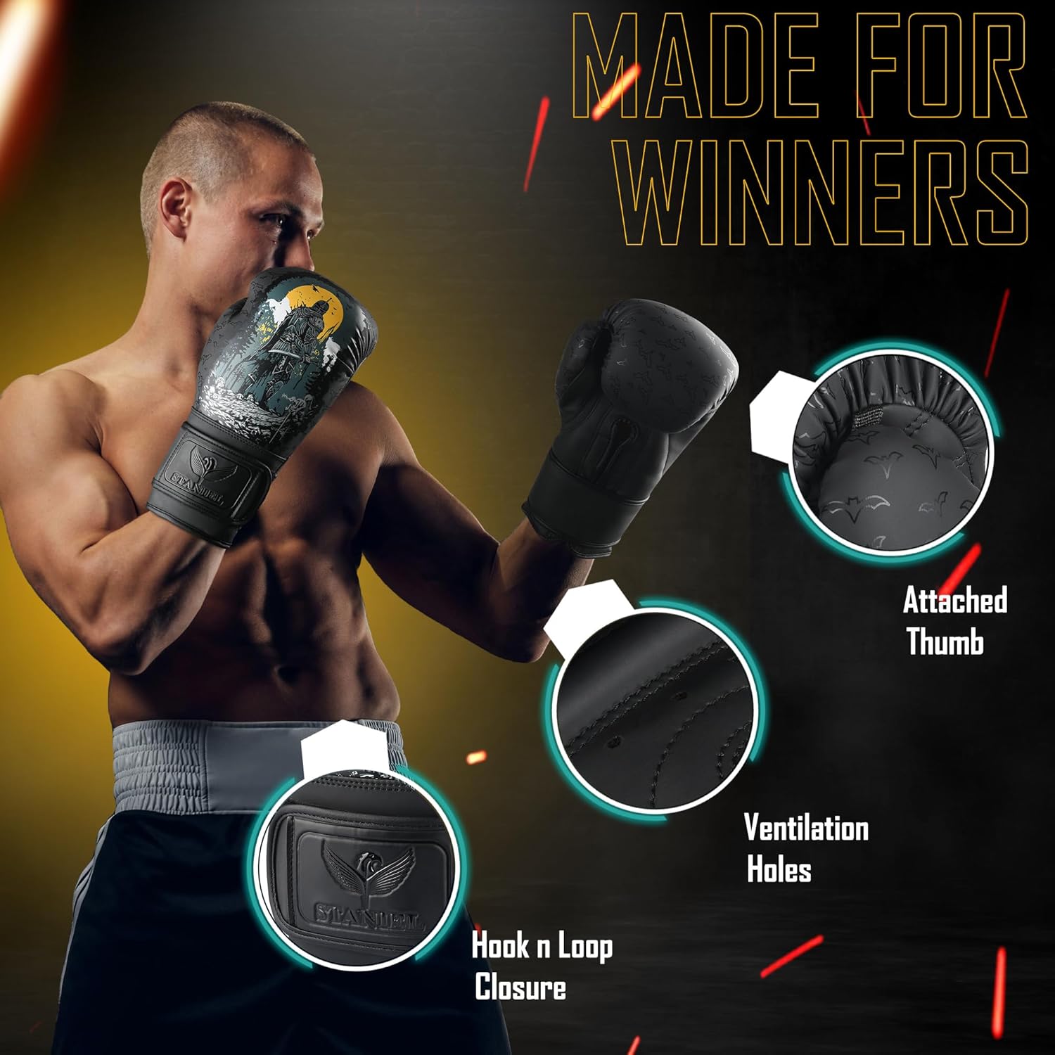 Staniel Gladiator Series G3 Boxing Gloves - Synthetic Leather with Gladiator Print, Long Injected Foam Padding, Extra-Wide Hook & Loop Closure, Foam-Lined Satin Interior