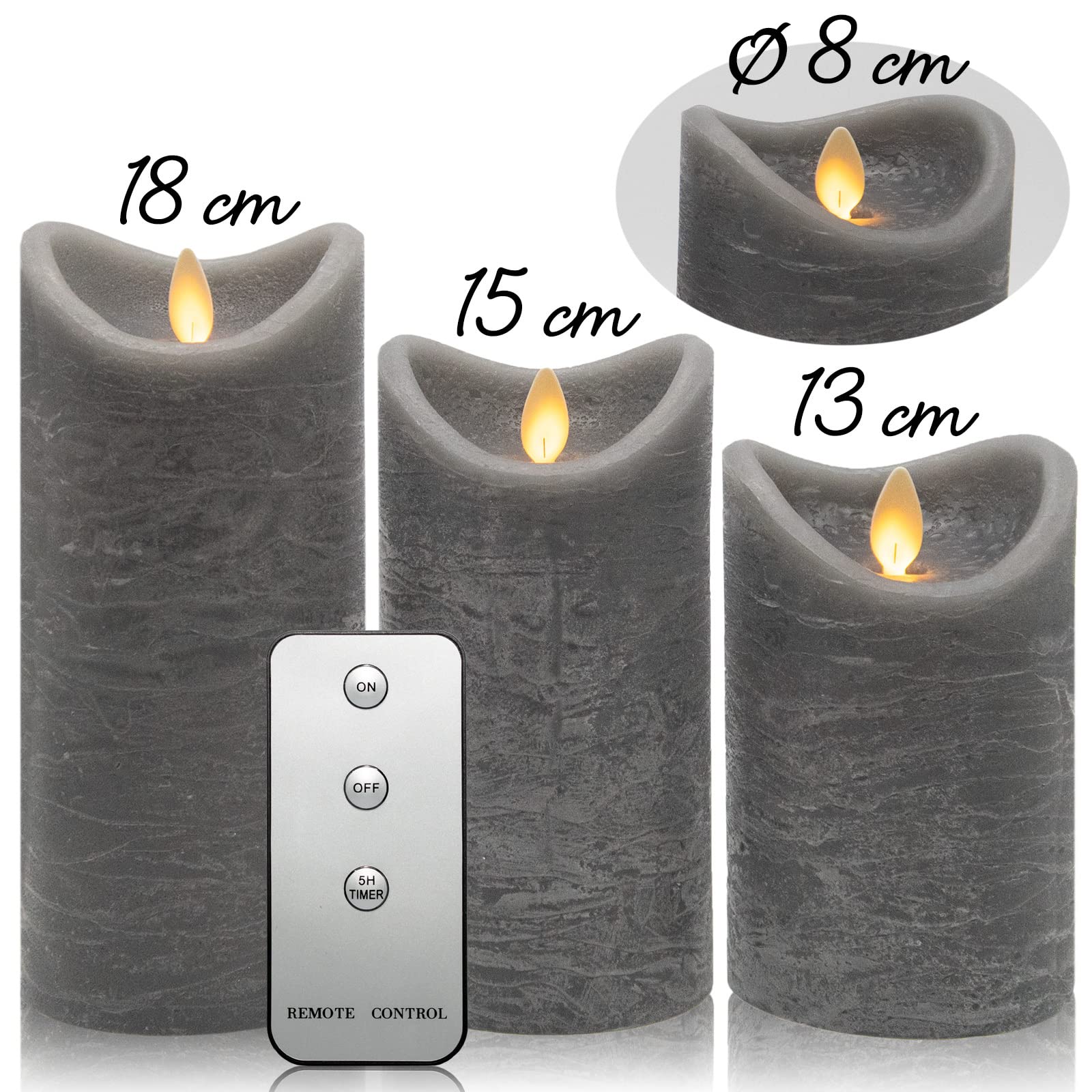Tronje 3er Set LED Kerze mit Timer u. Fernbedienung - 13/15/18cm Echtwachskerze Grau Rustik mit beweglicher Flamme