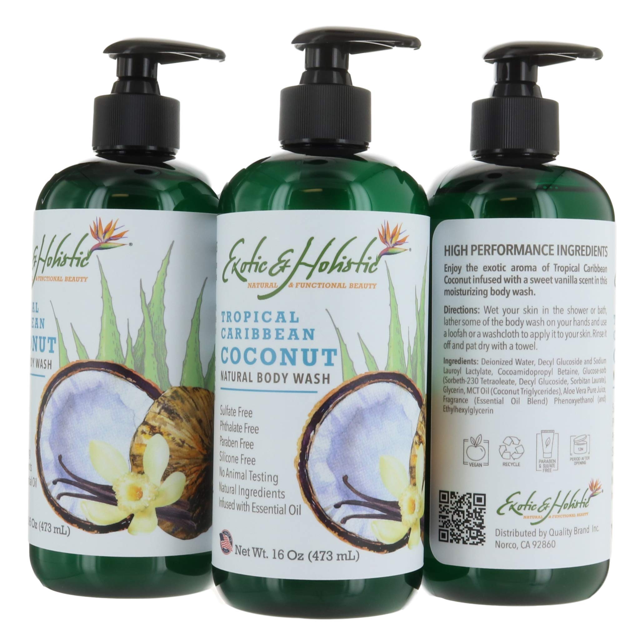 Tropical Caribbean Coconut & Vanilla Natural Body Wash Shower Gel Infused with Essential Oil, Sulfate Free, Paraben Free, Vegan 16 Oz / 473 mL by Exotic & Holistic