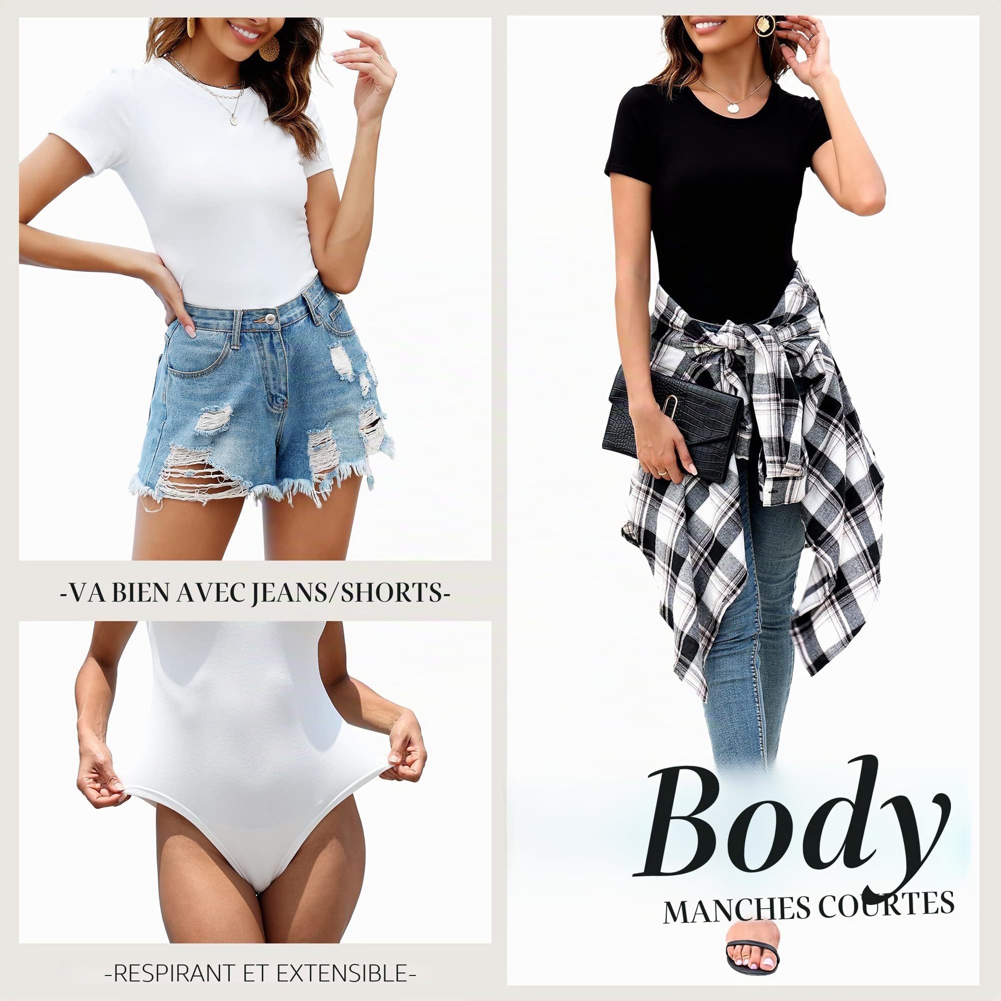 MLYENX Lot de 5 bodies à manches courtes et col rond pour femme - Décontracté - Extensible - Basique