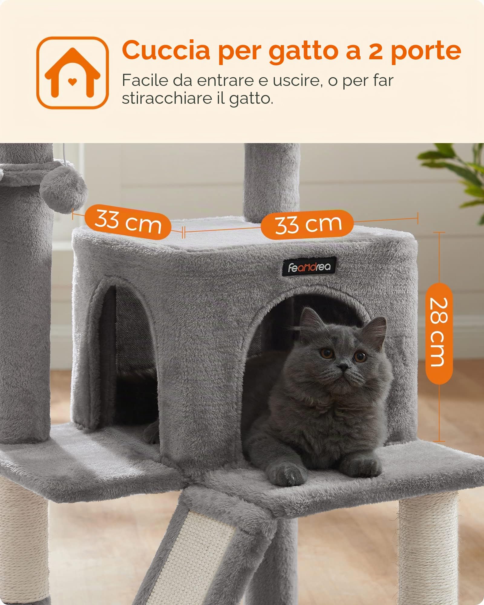 Feandrea Albero per Gatti, Tiragraffi per Gatti, Pali e Rampa Graffiatoio in Sisal Naturale, 2 Pompon Sospesi, Grotta, Cesto, Trespolo di Peluche, Grigio Chiaro PCT51W