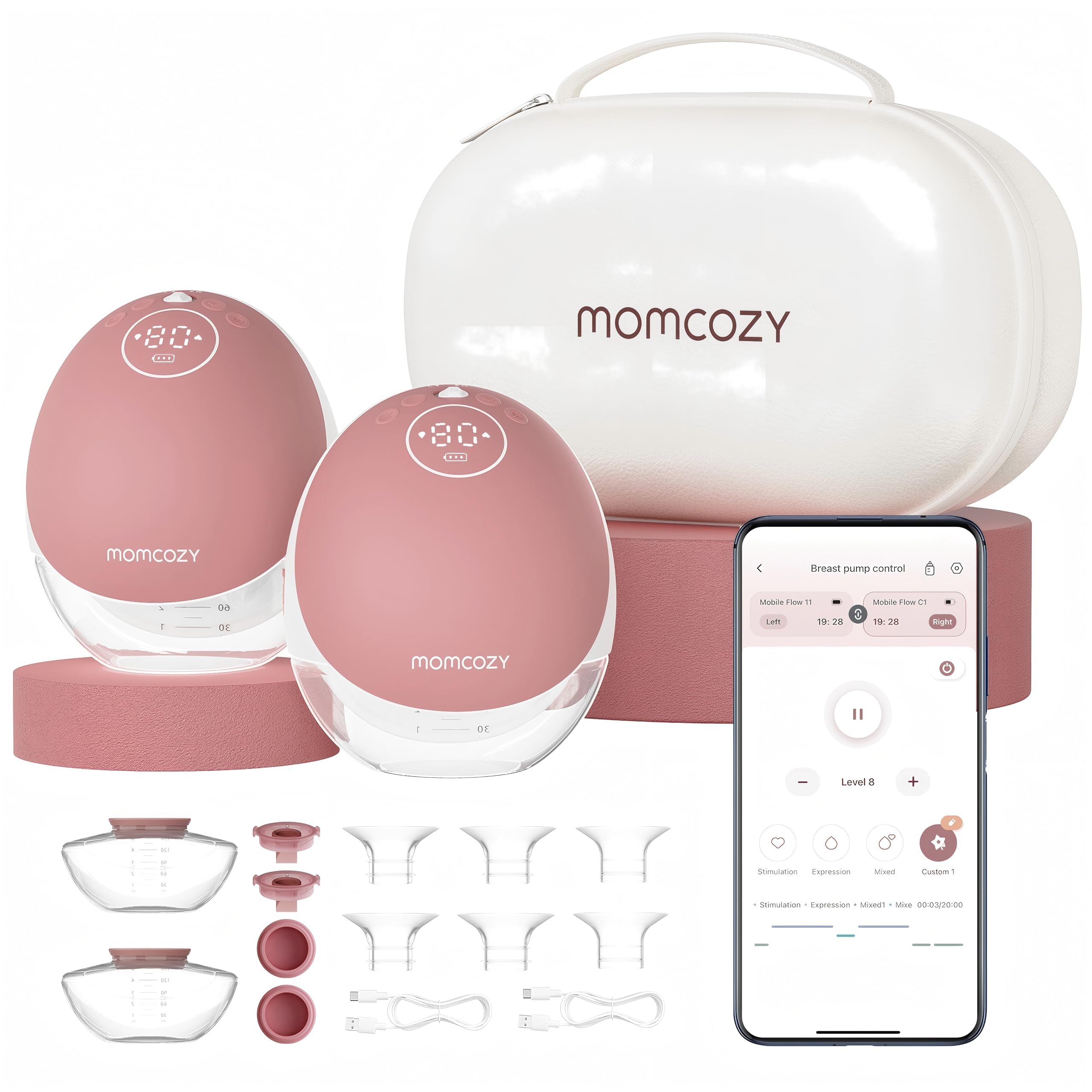 Momcozy Tiralatte a Mani Libere Mobile Flow | Aggiornamento M9, Controllo Elettrico e App, Multi-Modalità e 15 Livelli, Pompa Indossabile 24mm (2, Rosso)