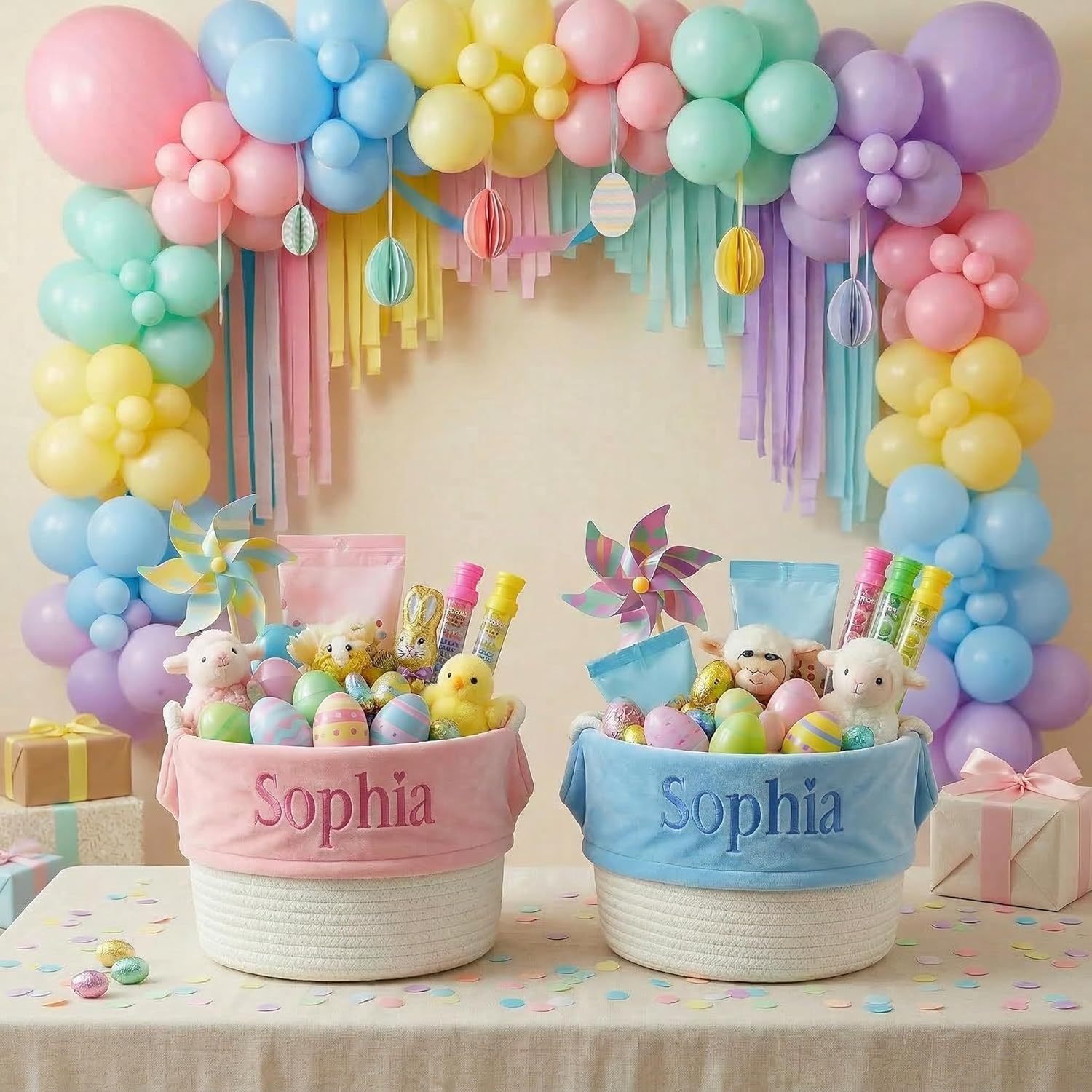 Customizedbee Personalized Easter Basket for Kids - Custom Name Embroidered Plush Easter Bucket with Handle - 2 Sizes Pink & Blue Large Tote Bag for Girls Boys Easter Egg Hunt, Party Favors & Toy Storage