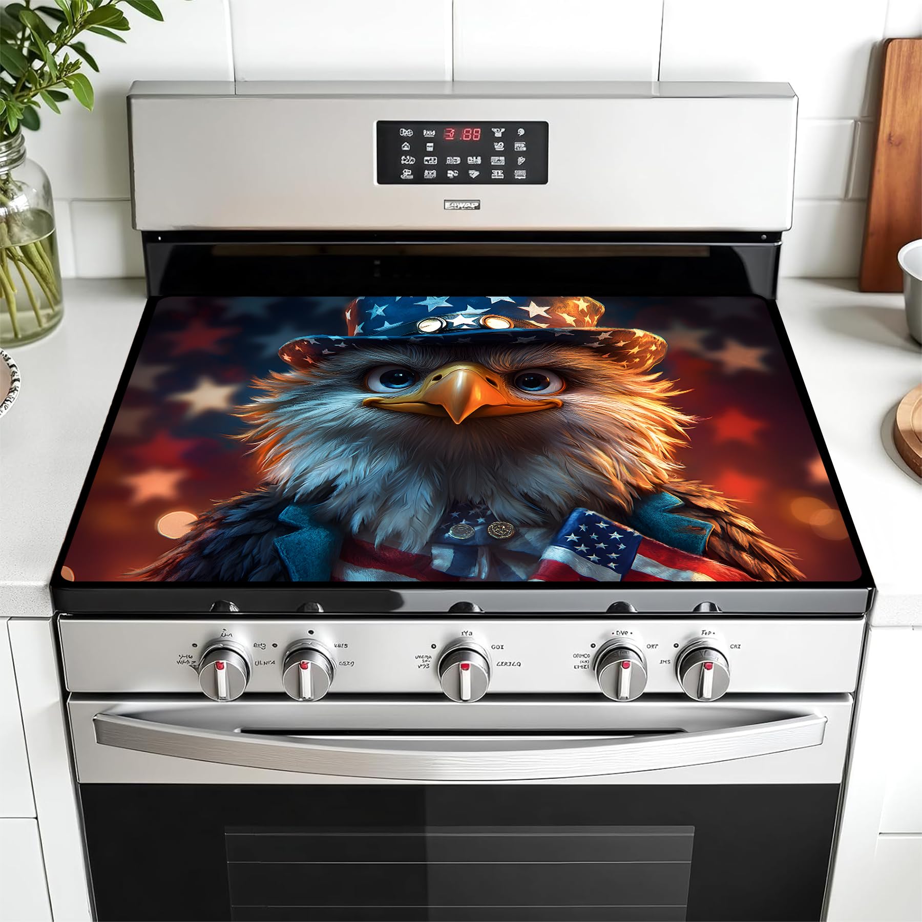 Multi-Design Stove Cover for Glass/Electric Stoves - 3-in-1 Heat-Resistant Protector Mat, Non-Slip Drying Rack 28"x20" (Independence Day - Eagle)