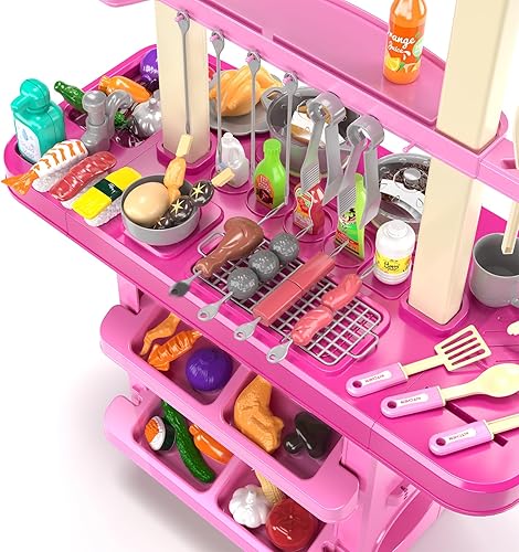 Miniatura 6 de TEMI Juego de cocina  Juego de cocina y parrilla 2 en 1 para niños, cocina de juego con 60 accesorios de juguete, sonidos reales y luz  Juego de