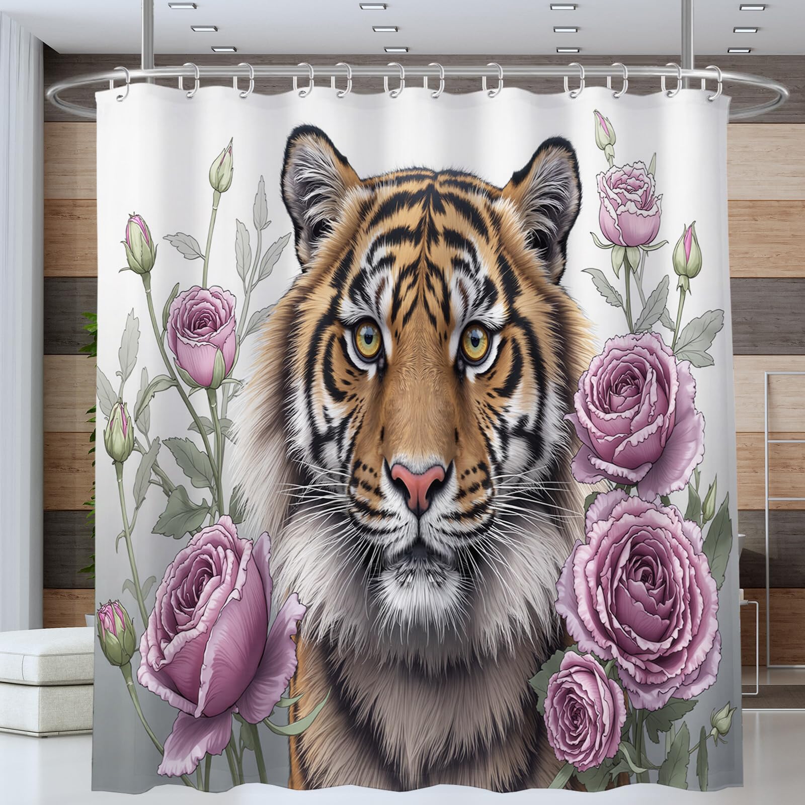 Rideau Douche,Rideau Baignoire Lavable en Machine Rideaux Douche Tissus Lavable Rideau De Baignoire Lavable pour Salle De Bain Domicile Baignoire Famille,Rose Tigre,
