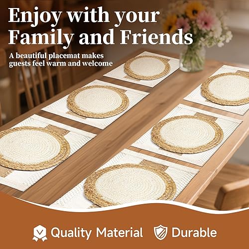 Miniatura 4 de Juego de 6 manteles individuales hechos a mano, hechos a mano, arpillera de algodón natural y paja de agua, combinados, decoración de macramé y