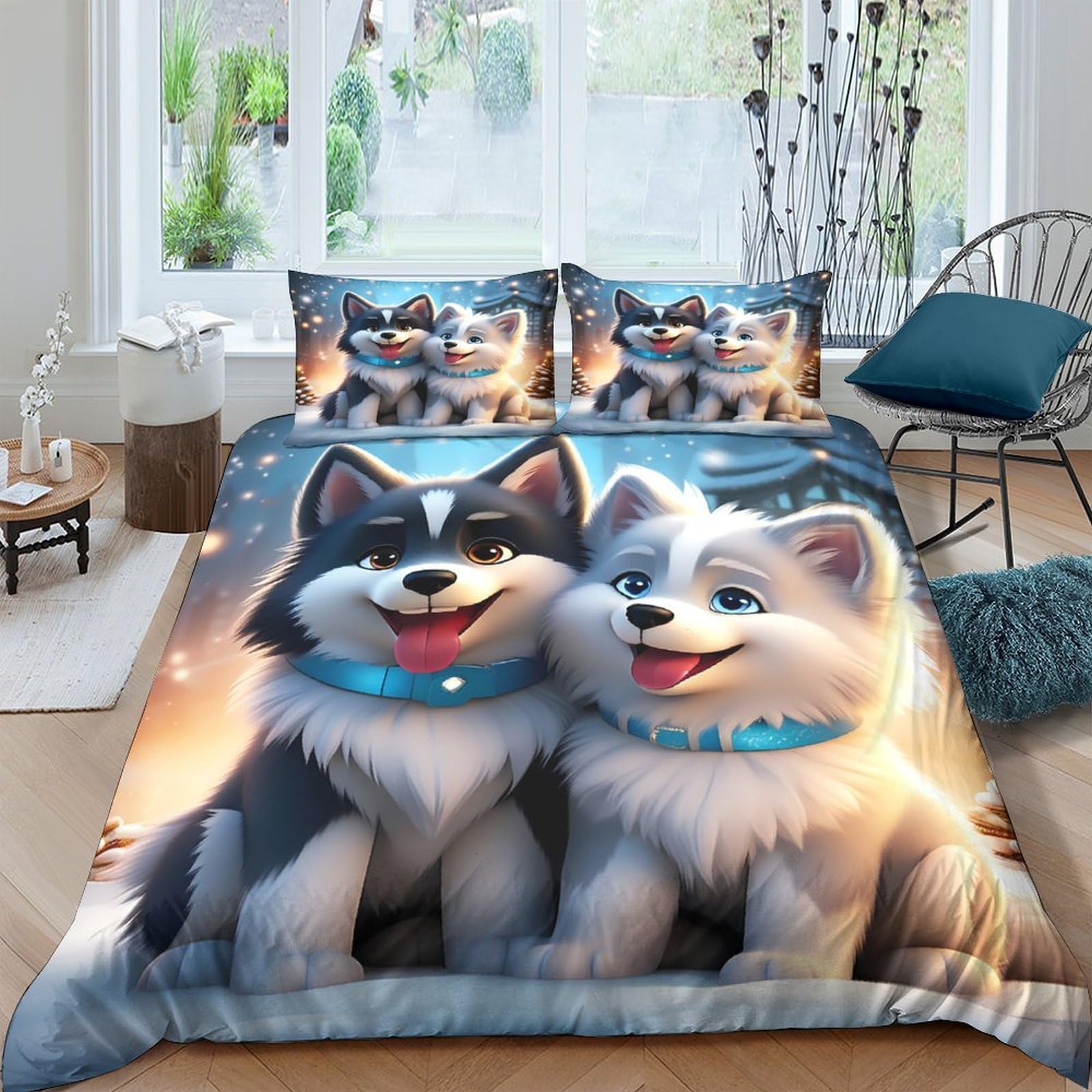 Ctjqhvkz Style-3 3D Printed Husky Puppy Fitted Sheet Microfiber Soft Anti-Slip Cartoon Dog Mattress Cover For Bedroom Dorm Bed Decor Single（135X200cm）