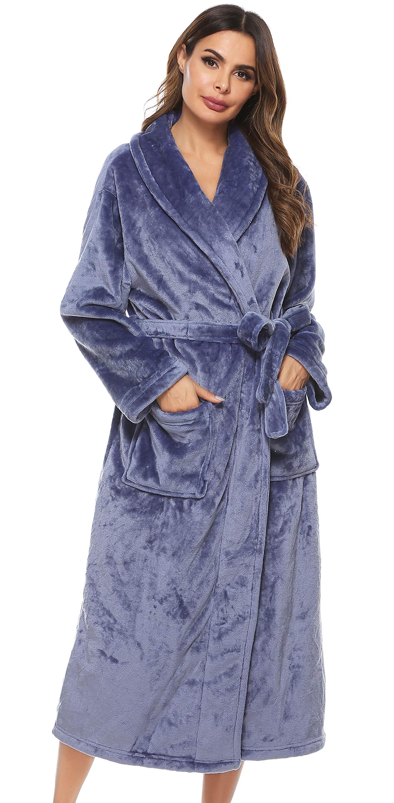 Vlazom Ropa de Casa Mujer Invierno Polar, Largo Albornoz de Felpa para Señora, Abrigo de Estar por Casa con Cinturón S-XL