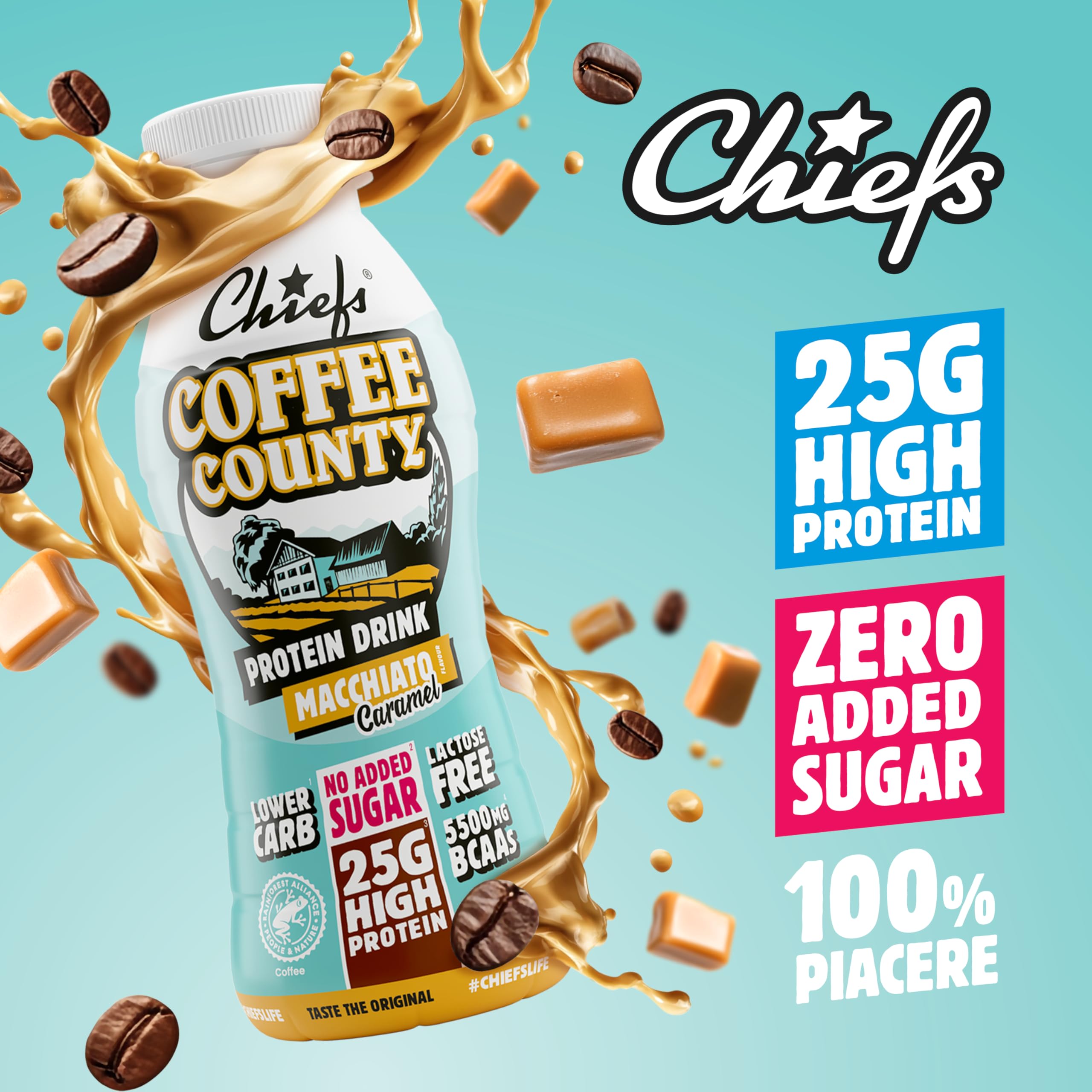 Chiefs® Milk Protein Drink con 25g di proteine e BCAA • Shake ad alto contenuto proteico a basso contenuto di carboidrati • Senza lattosio e senza zuccheri aggiunti • 8 x 330ml (Coffee County)