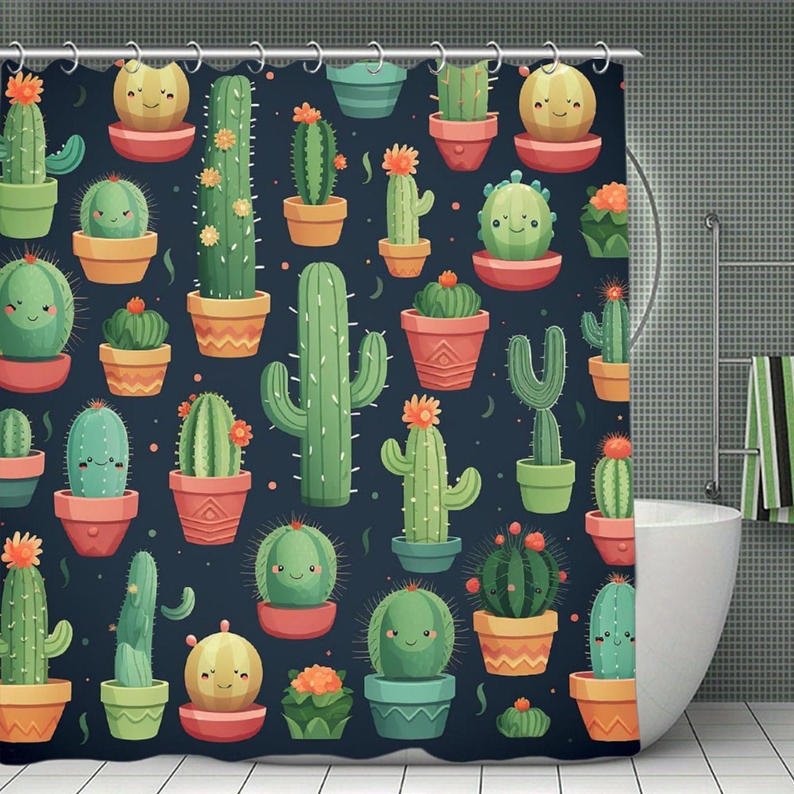 QMNLKH Cactus Seamless Illustration Shower Curtain with Hooks, Waterproof Bath Curtains for Bathroom, Lightweight Bath Curtains Liner for Hotel, Personalized Bath Curtain for Spa, 70.8 Inch