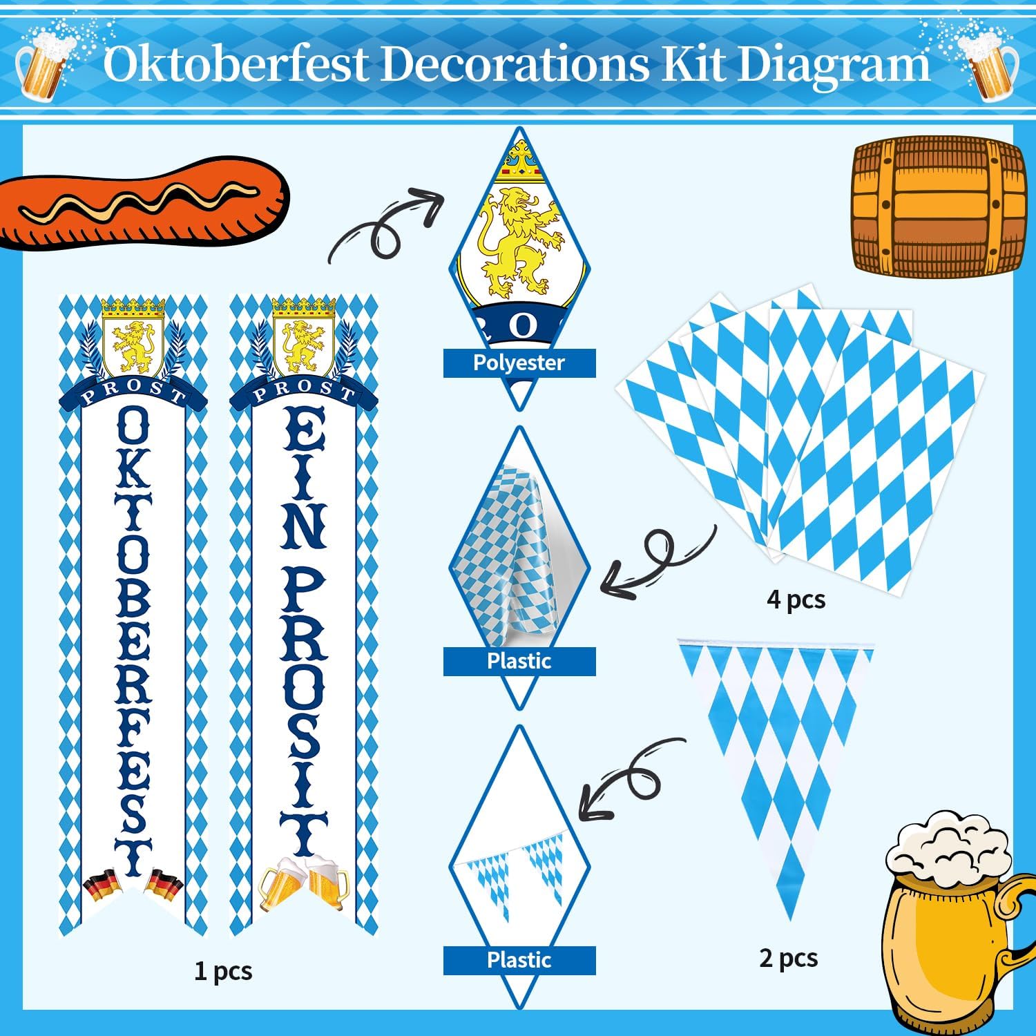 Oktoberfest Decorations Kit - White and Blue Oktoberfest Tablecloth, Oktoberfests Door Banner, Pennant String Flag Suitable for German Beer Festival Party