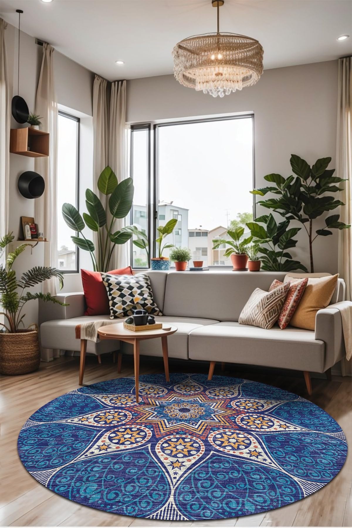Naybe Vintage Desenli Şönil Pamuk Tabanlı Yıkanabilir Kaymaz Antibakteriyel Yuvarlak Salon Halısı 160x160