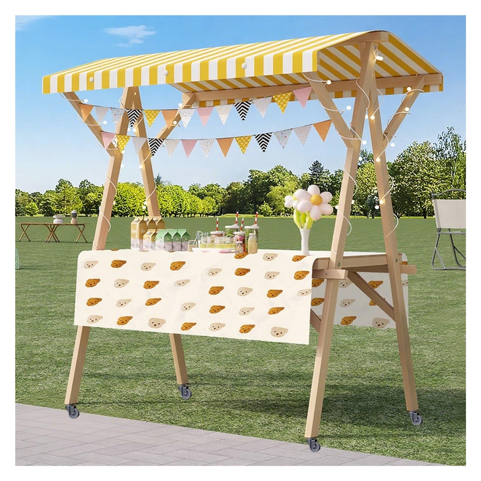 Carrello del venditore della struttura di legno con le ruote, esposizione leggera e portatile della bancarella del mercato per le fiere commerciali e la vendita all'aperto