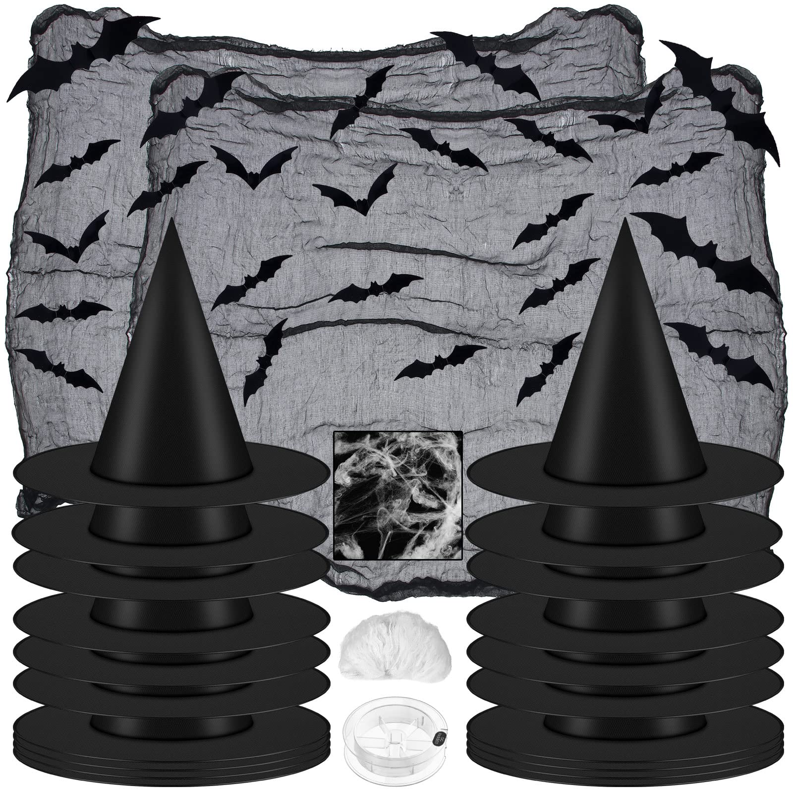 108 Pcs Halloween Witch Hat Decorations Kit, Include 20 Pcs Witch Hat with Hanging Rope 84 Pcs 3D Bats 2 Creepy Cloth and Halloween Spider Web for Halloween Yard Decoration, Indoor Outdoor Supplies