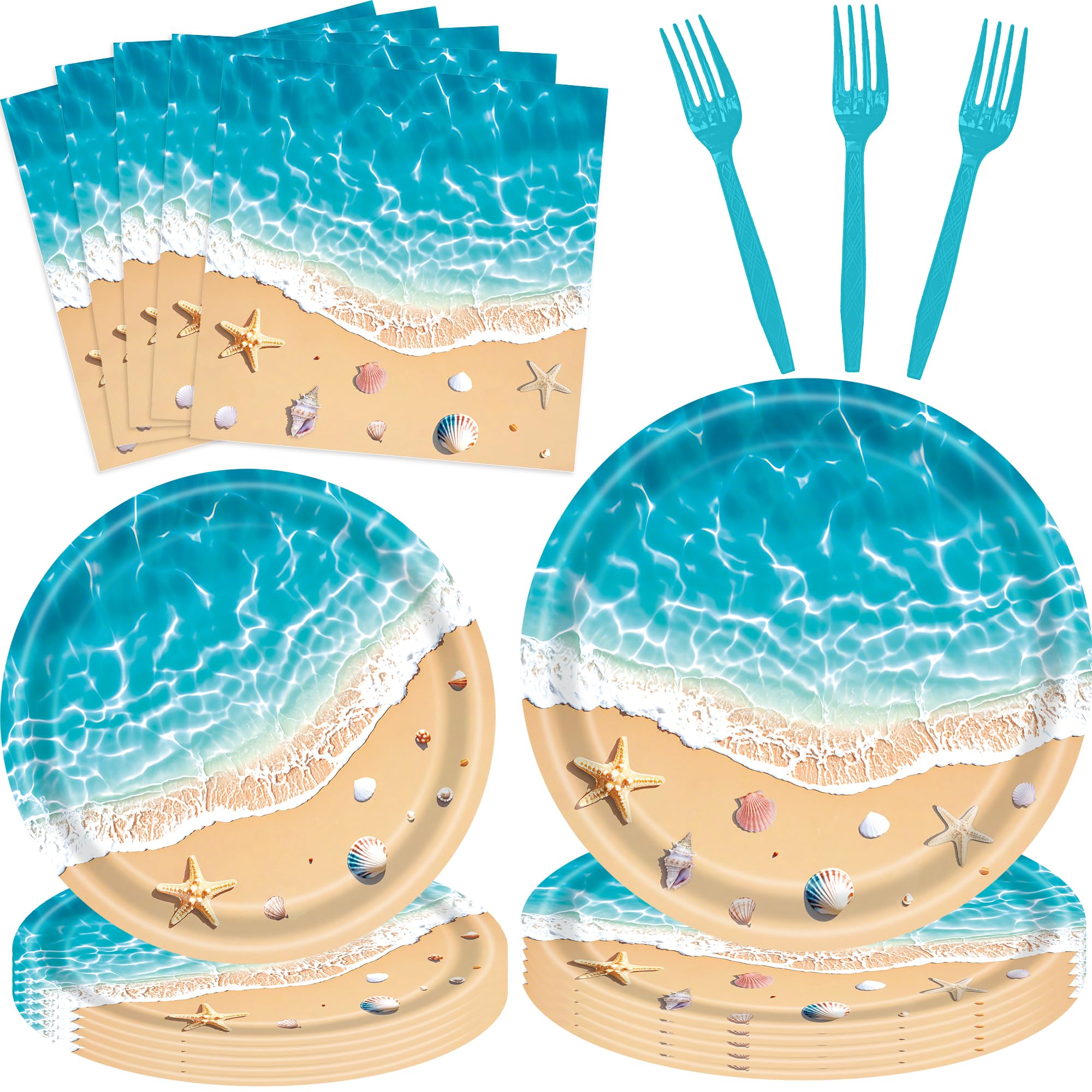 100 Pcs Summer Beach Tableware Party Supplies - Disposable Ocean Waves Hawaiian Dinnerware Set with Plates, Napkins, and Forks for Beach Theme, Luau,