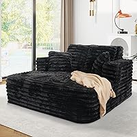 JEEOHEY 56" Oversized Faux Fur Chaise Lounge Chair, Fluffy Cloud Sleeper Sofa Bed with Pillows & Wide Armrests (Black)
