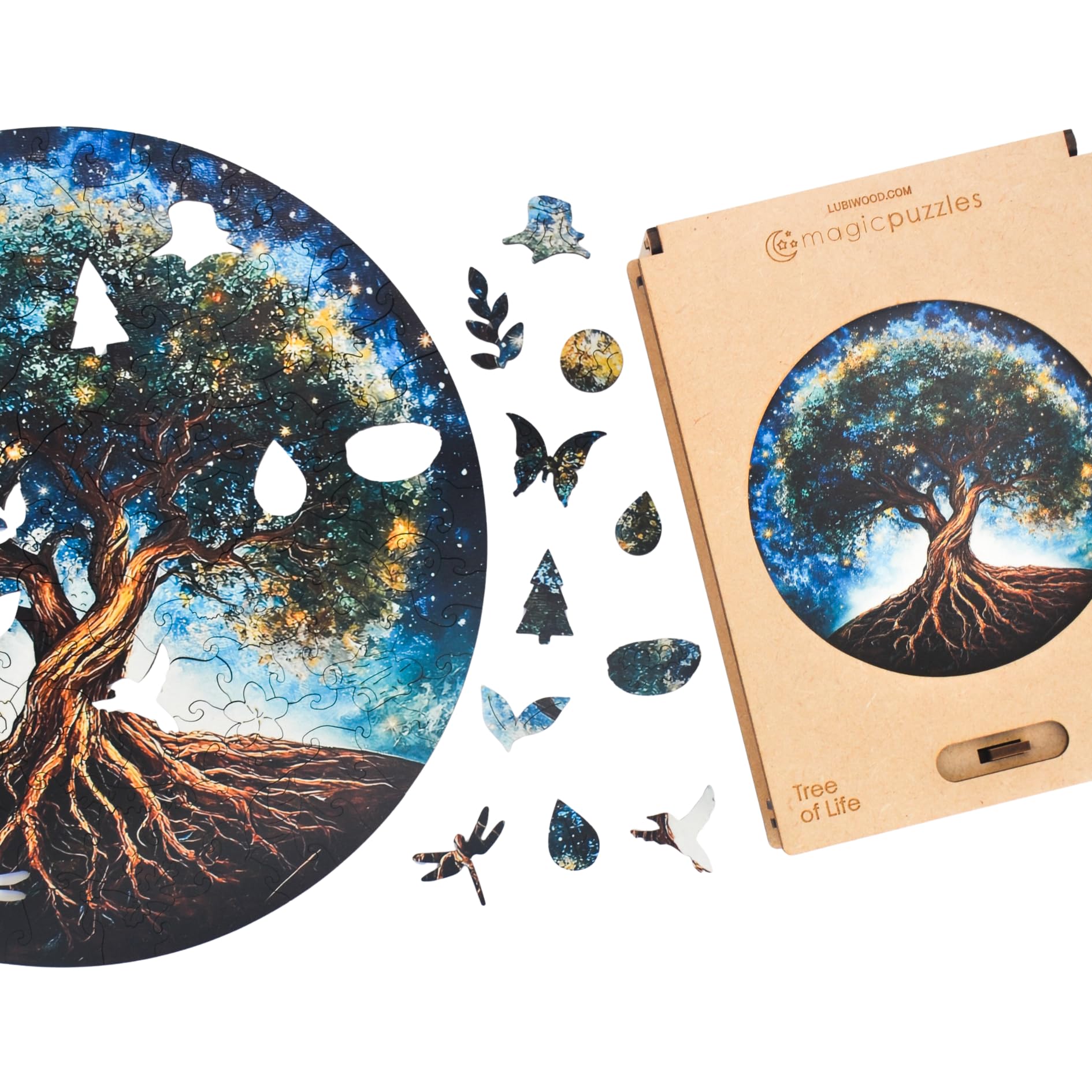 Puzzle in legno Lubiwood Albero della Vita dalla forma unica (26x26 cm) - 154 pezzi intricati, include una confezione regalo in legno coinvolgente