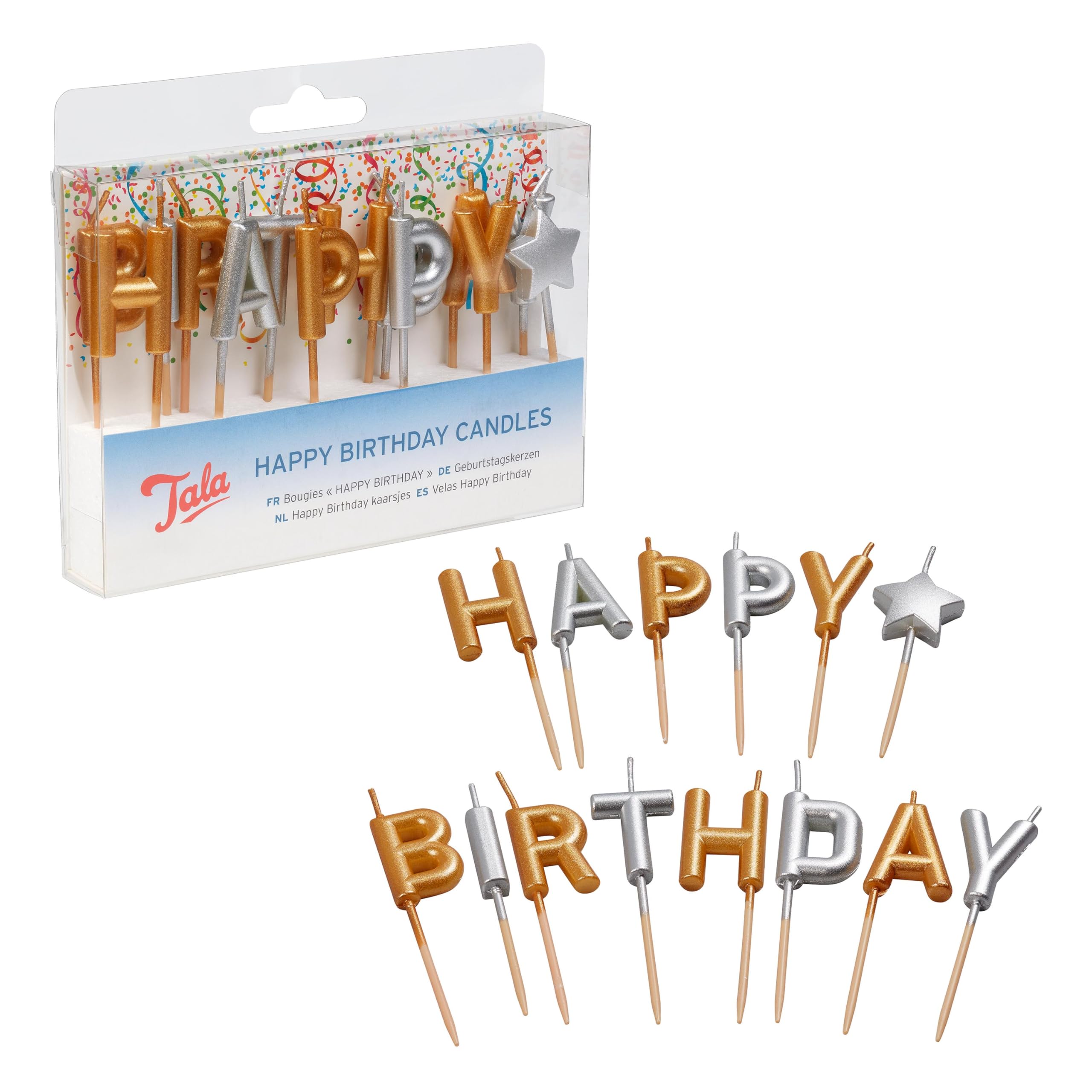 Tala Happy Birthday Candles, Cake Topper Decoration, Party Supplies, Cupcakes, 14 Fun Bright Gold and Silver Candles, Party Time, Celebration