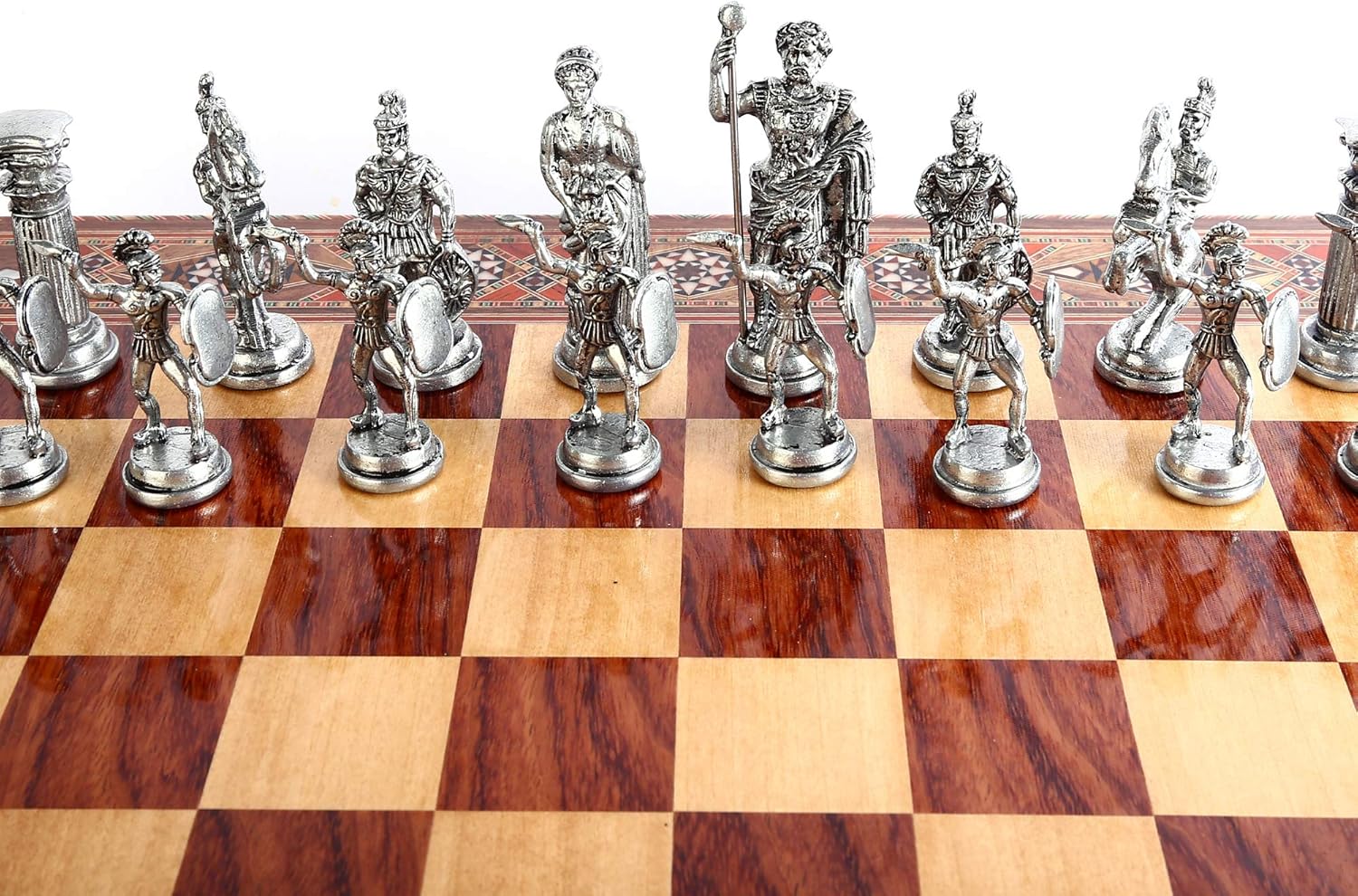 Metal Chess Set for Adult Historical Antique Copper Rome Figures Handmade Pieces and Natural Solid Wooden Chess Board with Original Pearl Around Board and Storage Inside King 4 inc