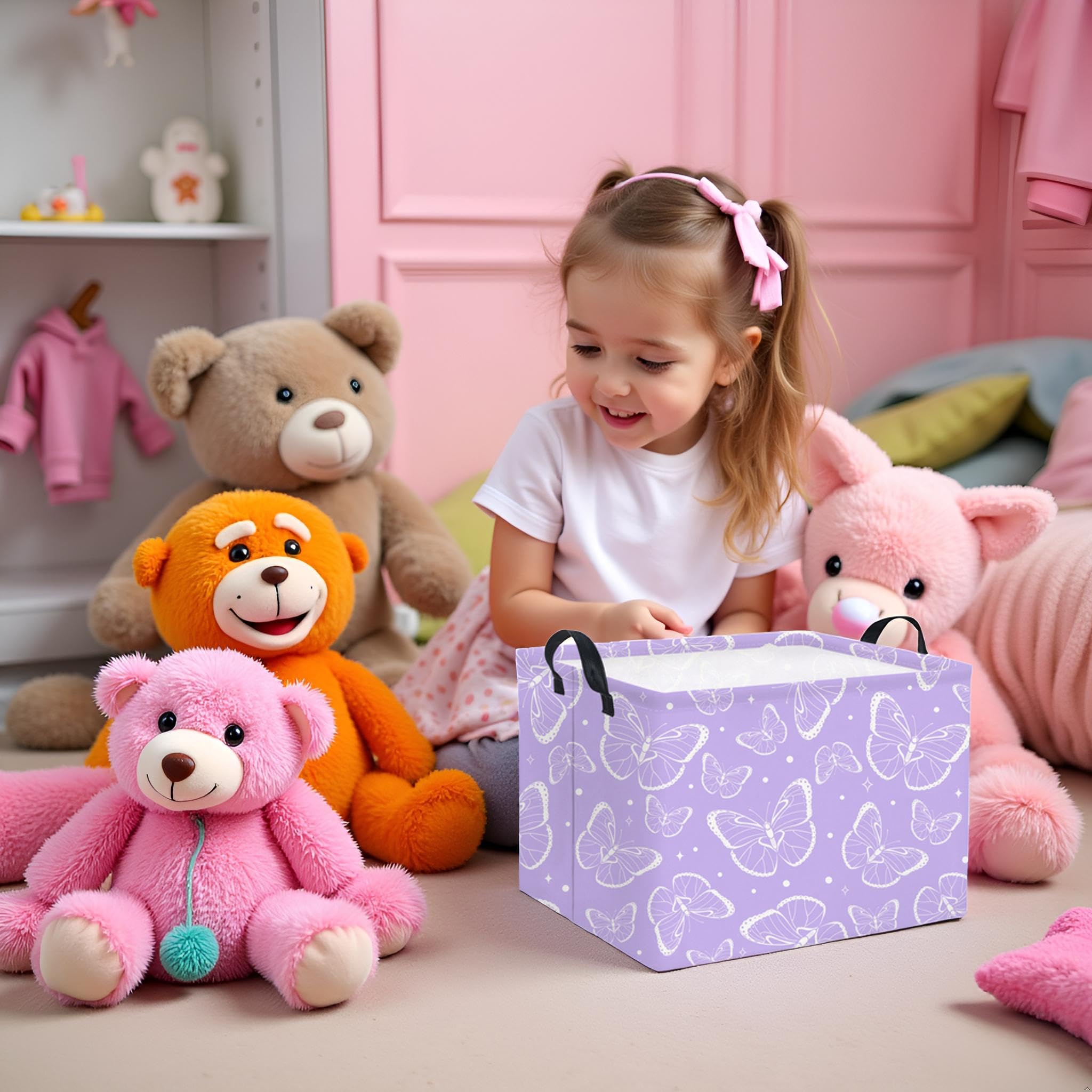 TIBAOLOVER Rectangular Kids Storage Basket Baby Storage Basket With Handles For Home Kitchen Boys And Girls Cute Toy Storage Bin Organizer Shelf Book Room Decor(Purple Butterfly