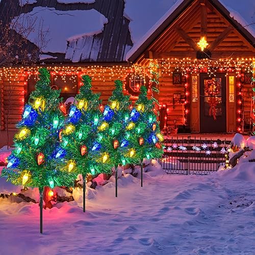 Miniatura 10 de CMuloiet Juego de 4 árboles solares de copo de nieve de Navidad con 80 luces LED blancas frías para decoraciones de Navidad al aire libre,