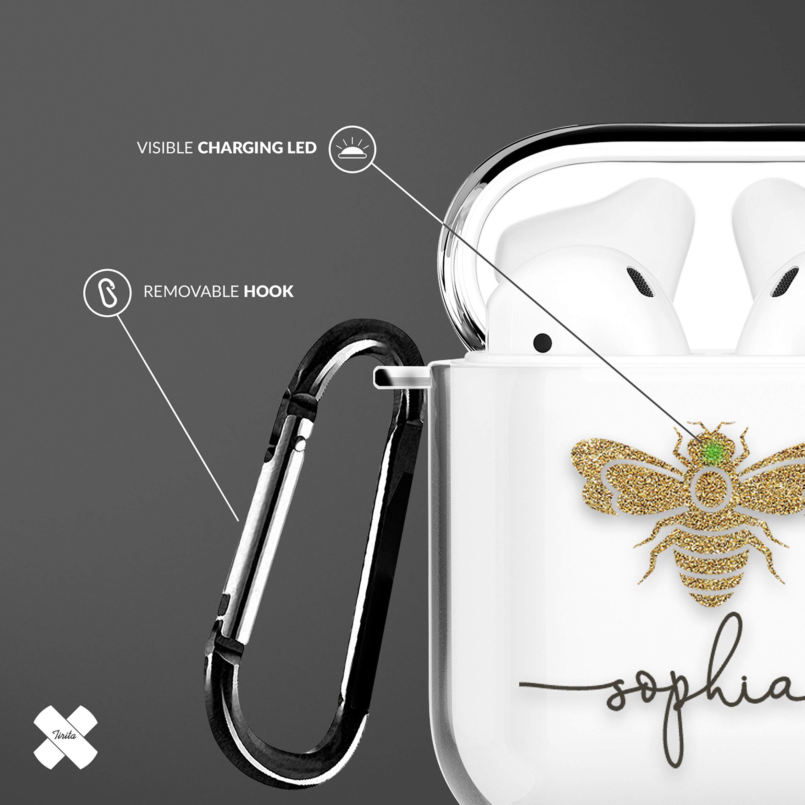Tirita Personalised Custom Case Compatible with Apple AirPods 4th gen, Support Wireless Charging, with Carabiner, Front LED Visible [14- Golden Bee] — view 3